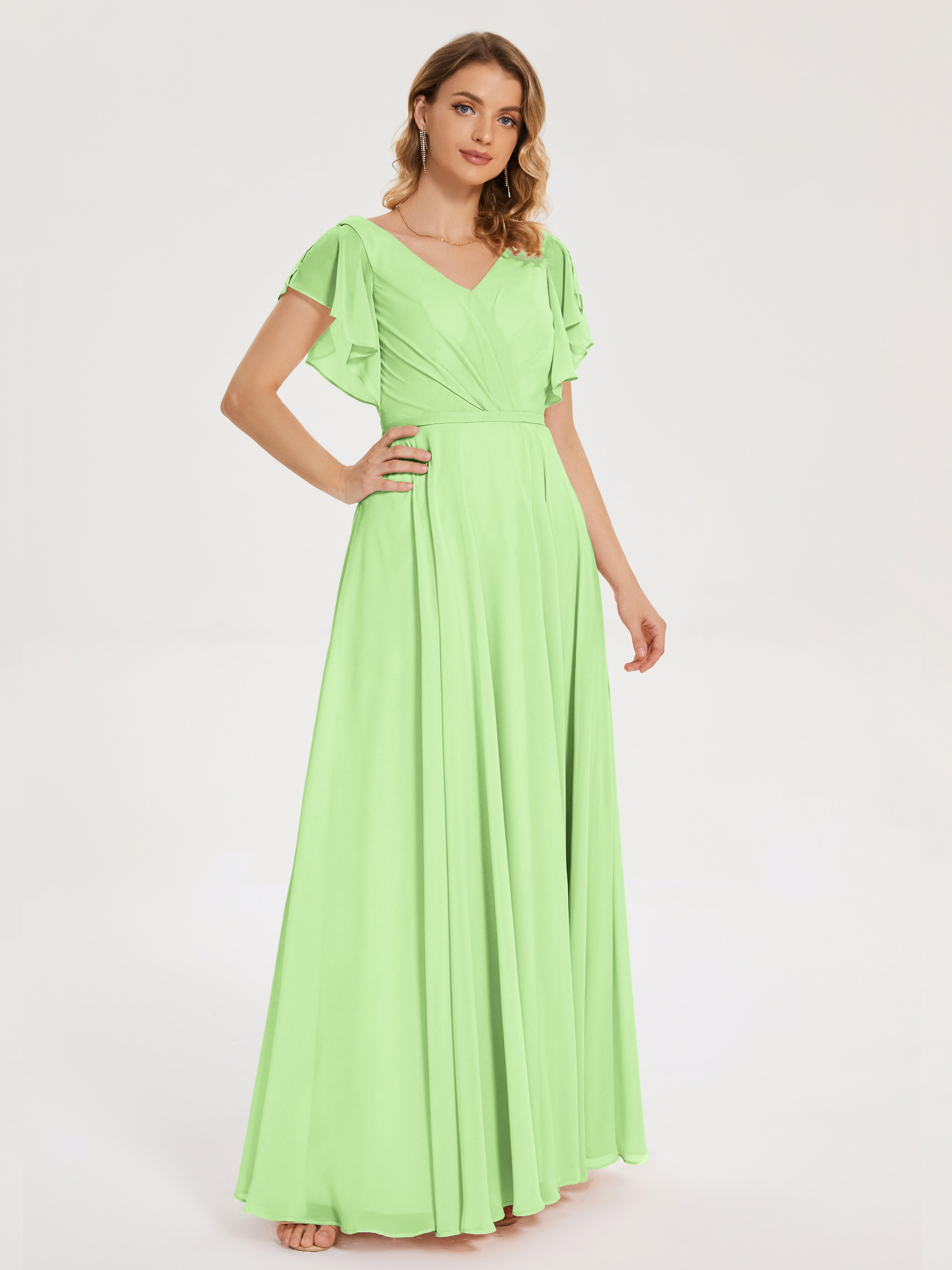 Robe Demoiselle D Honneur Verte Sauge Col V Fendue Mousseline Robes Demoiselle D'Honneur À Volants