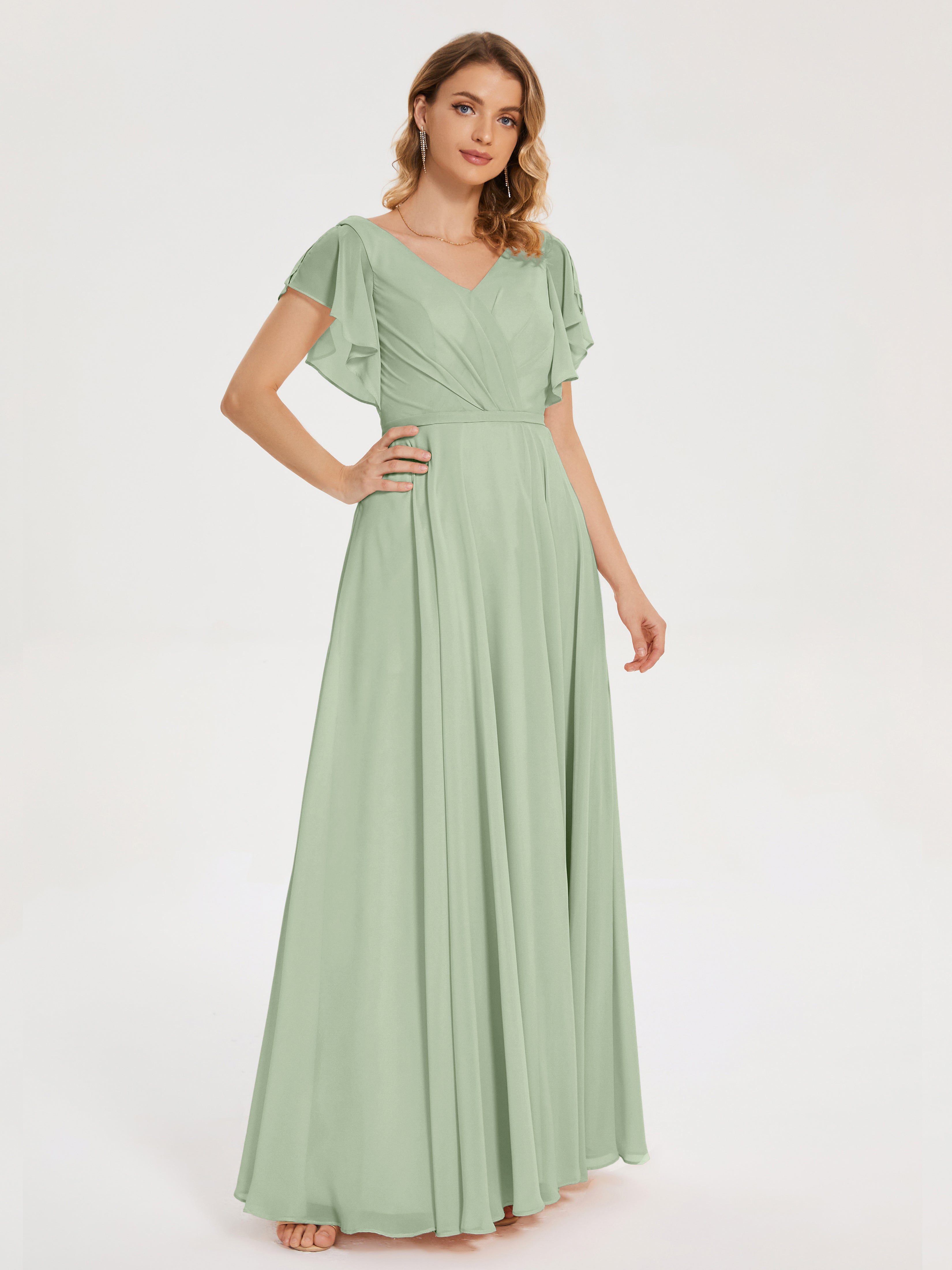 Robes De Demoiselle D'Honneur Couleur Sauge Poussiéreuse Col V Fendue Mousseline Robes Demoiselle D'Honneur À Volants