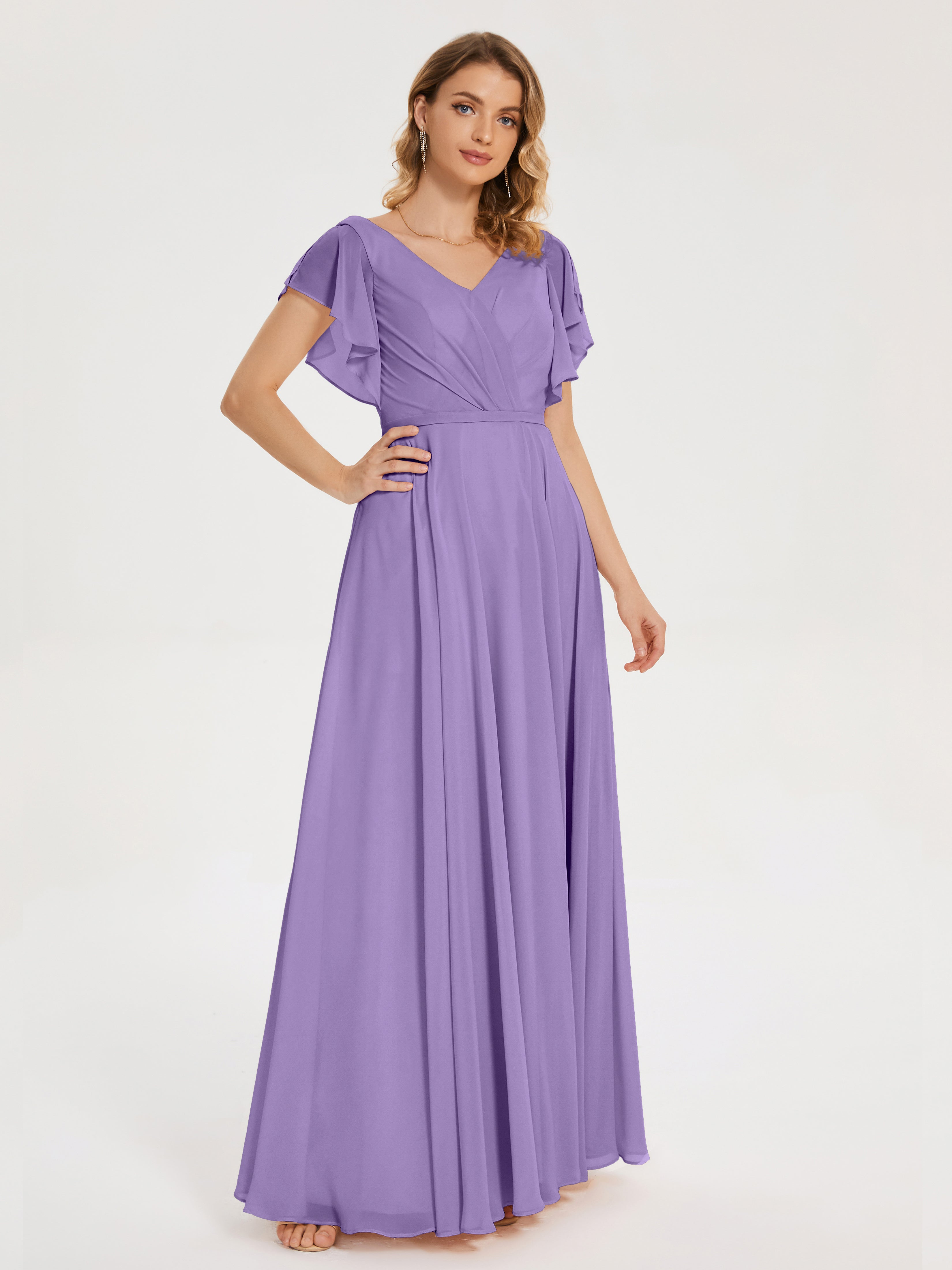 Robes De Demoiselle D'Honneur Tahiti Col V Fendue Mousseline Robes Demoiselle D'Honneur À Volants