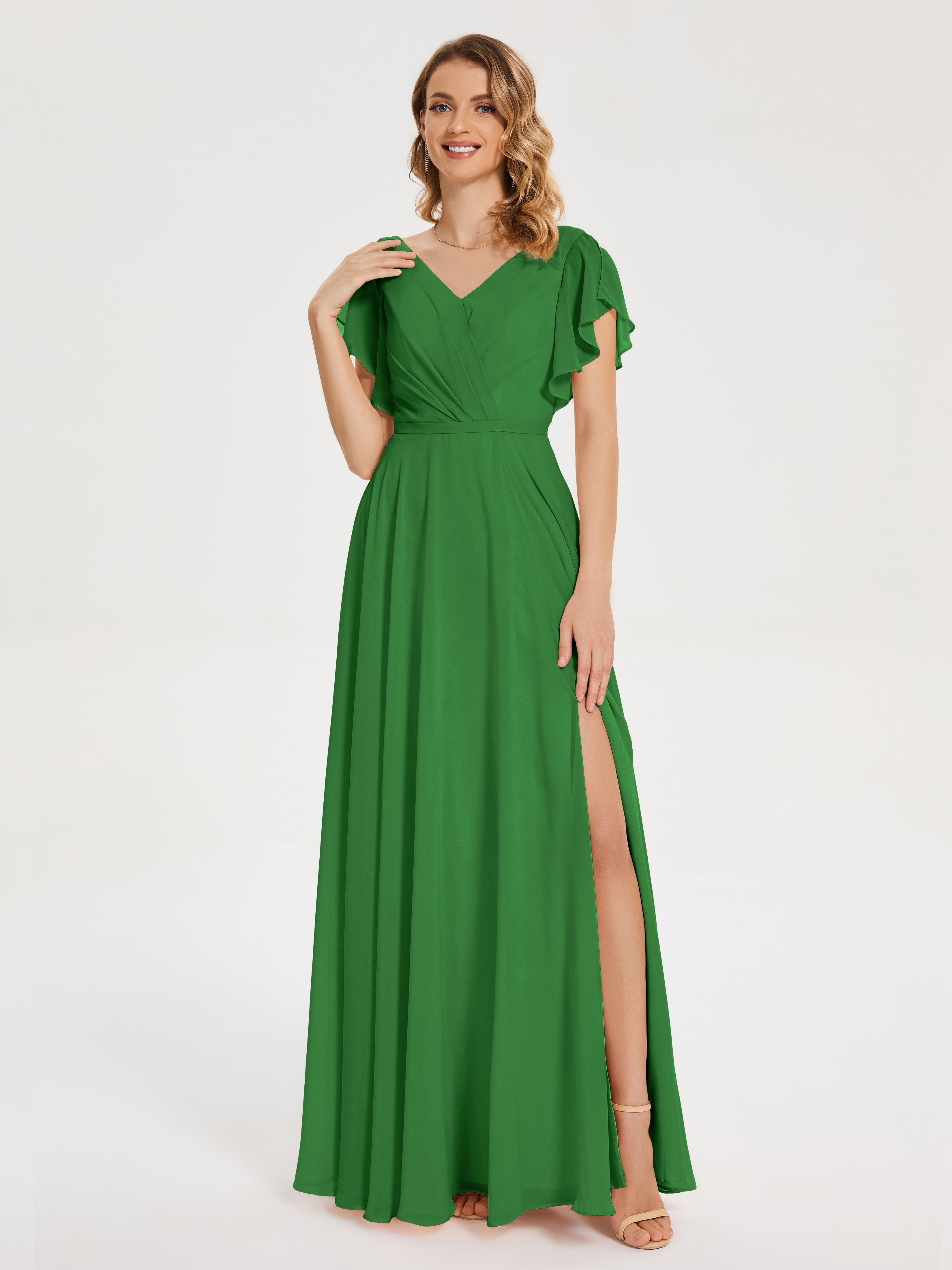 Robes De Demoiselle D'Honneur Vert Forêt Col V Fendue Mousseline Robes Demoiselle D'Honneur À Volants