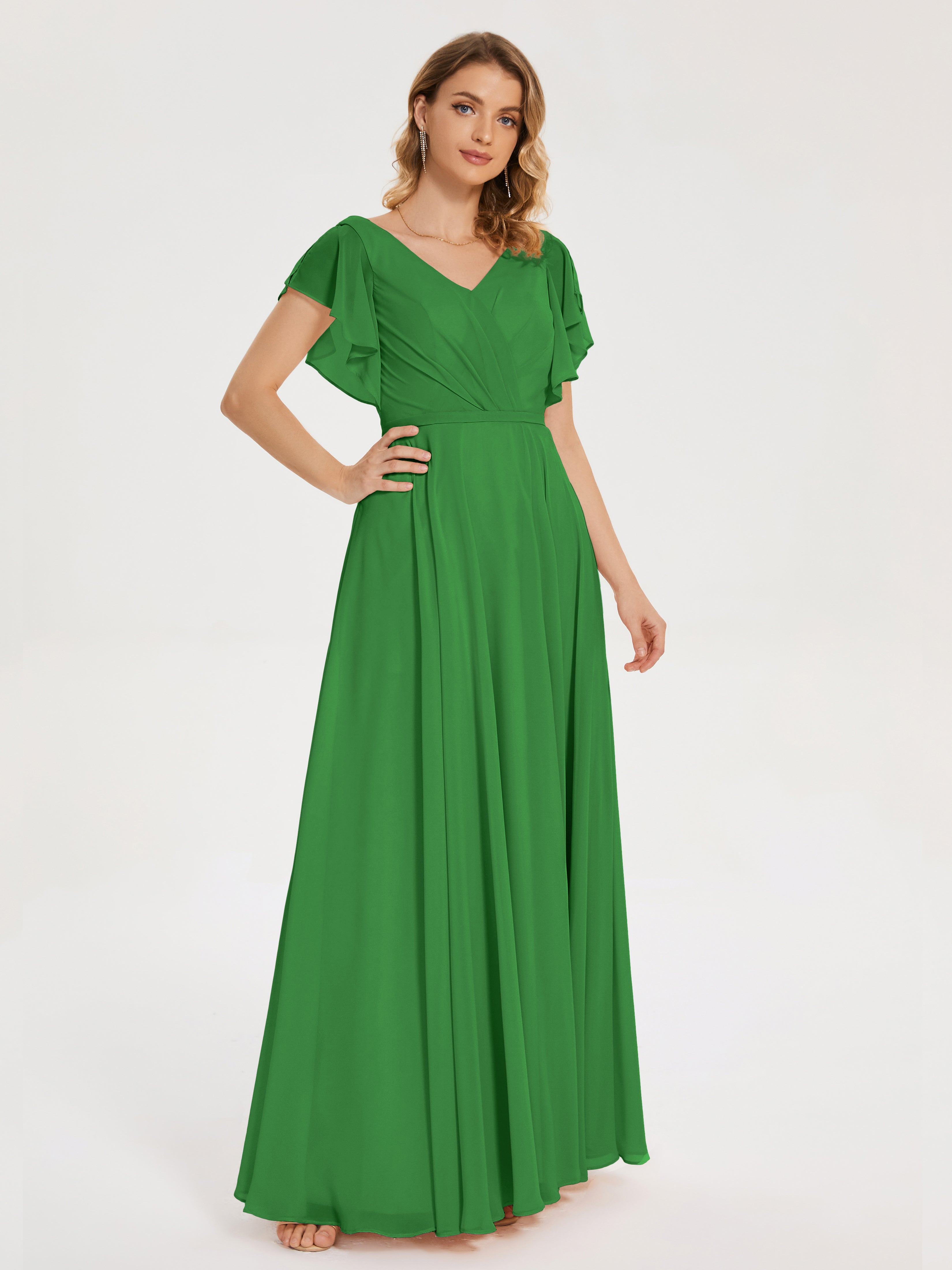 Robes De Demoiselle D'Honneur Vert Forêt Col V Fendue Mousseline Robes Demoiselle D'Honneur À Volants