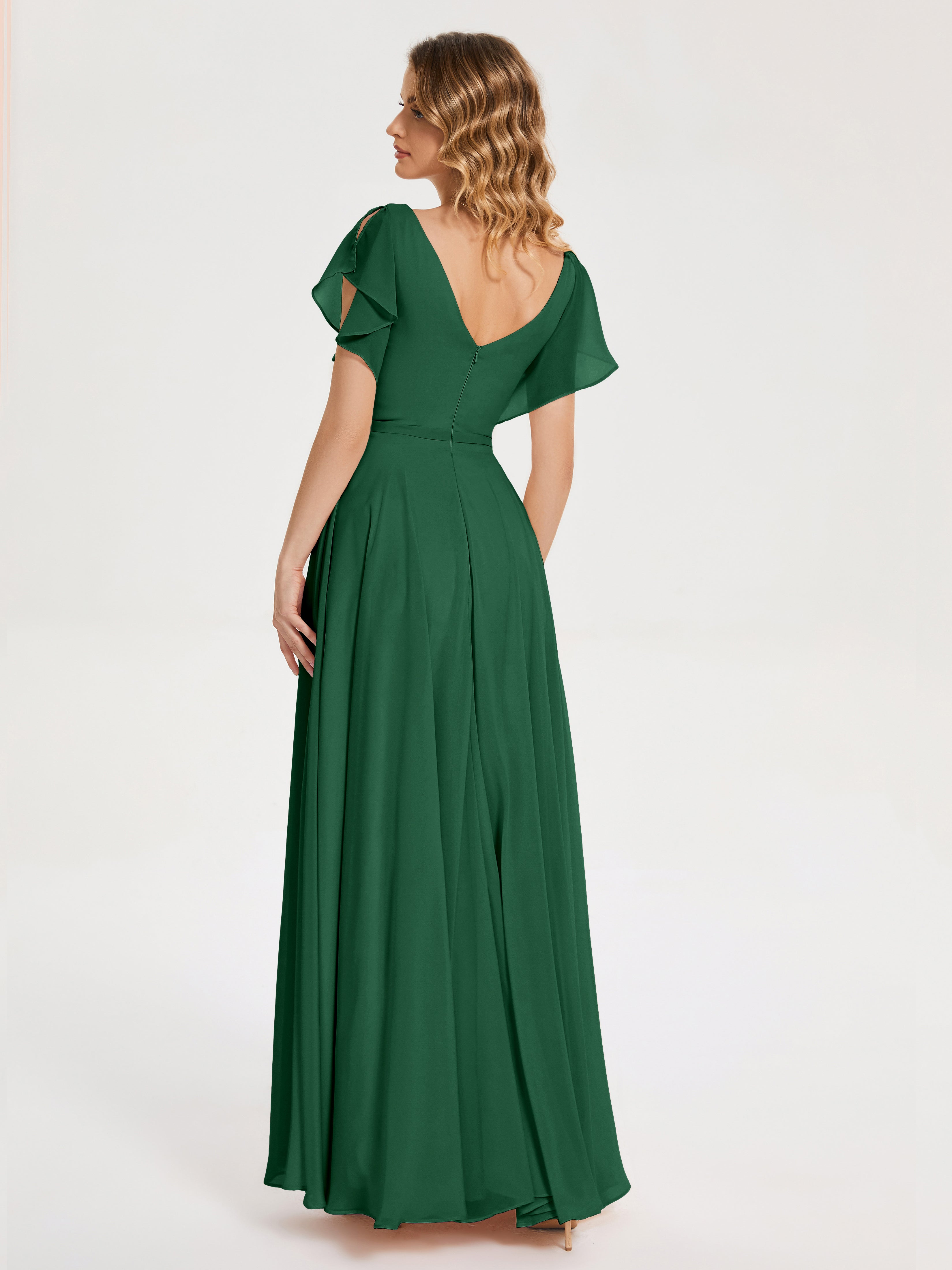 Demoiselle D'Honneur Vert Foncé Col V Fendue Mousseline Robes Demoiselle D'Honneur À Volants
