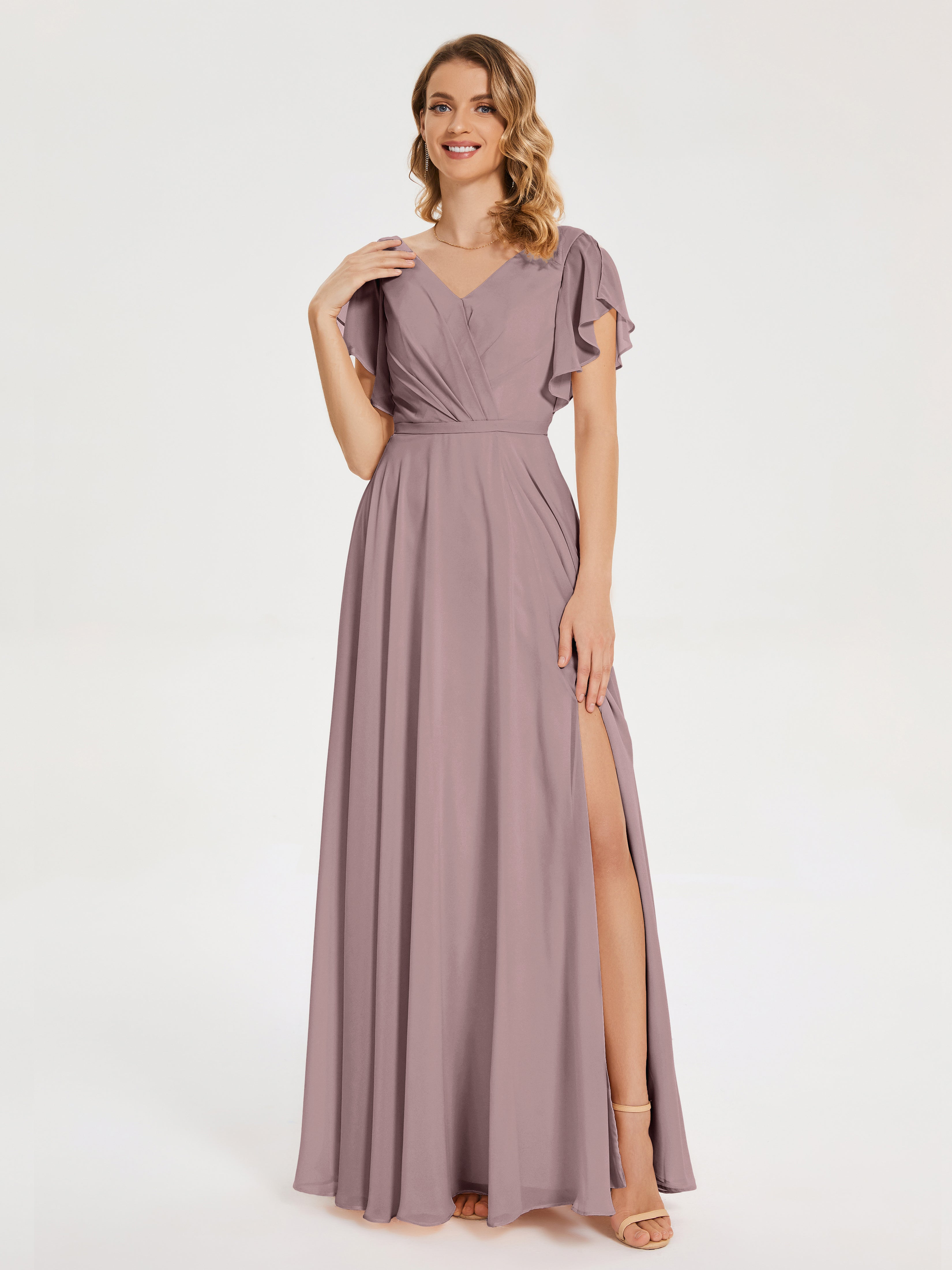 Robes De Demoiselle D'Honneur Vintage Mauve Col V Fendue Mousseline Robes Demoiselle D'Honneur À Volants