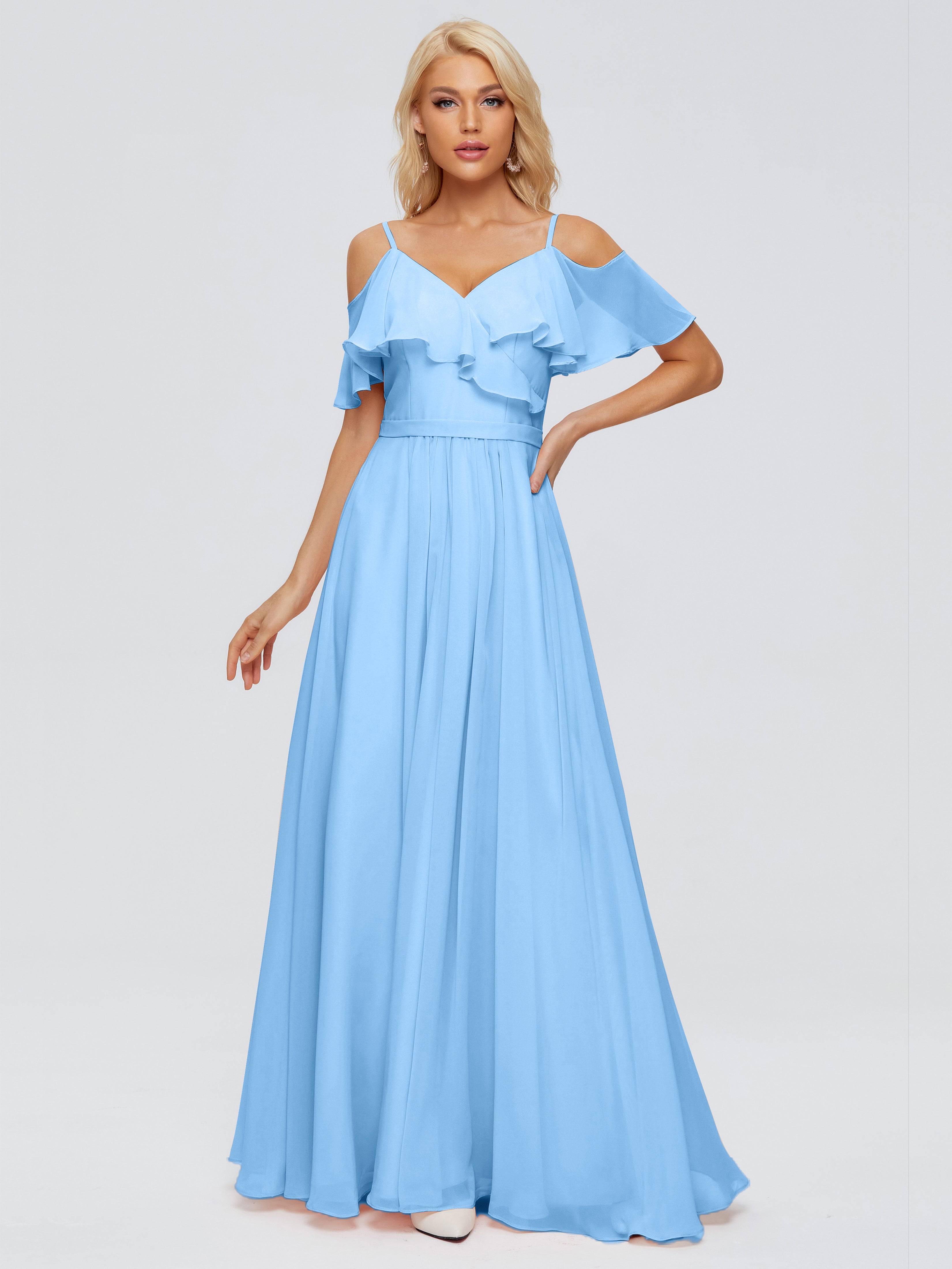 Robes De Demoiselle D'Honneur Bleues Longues Col V Robes Demoiselle D'Honneur À Volants