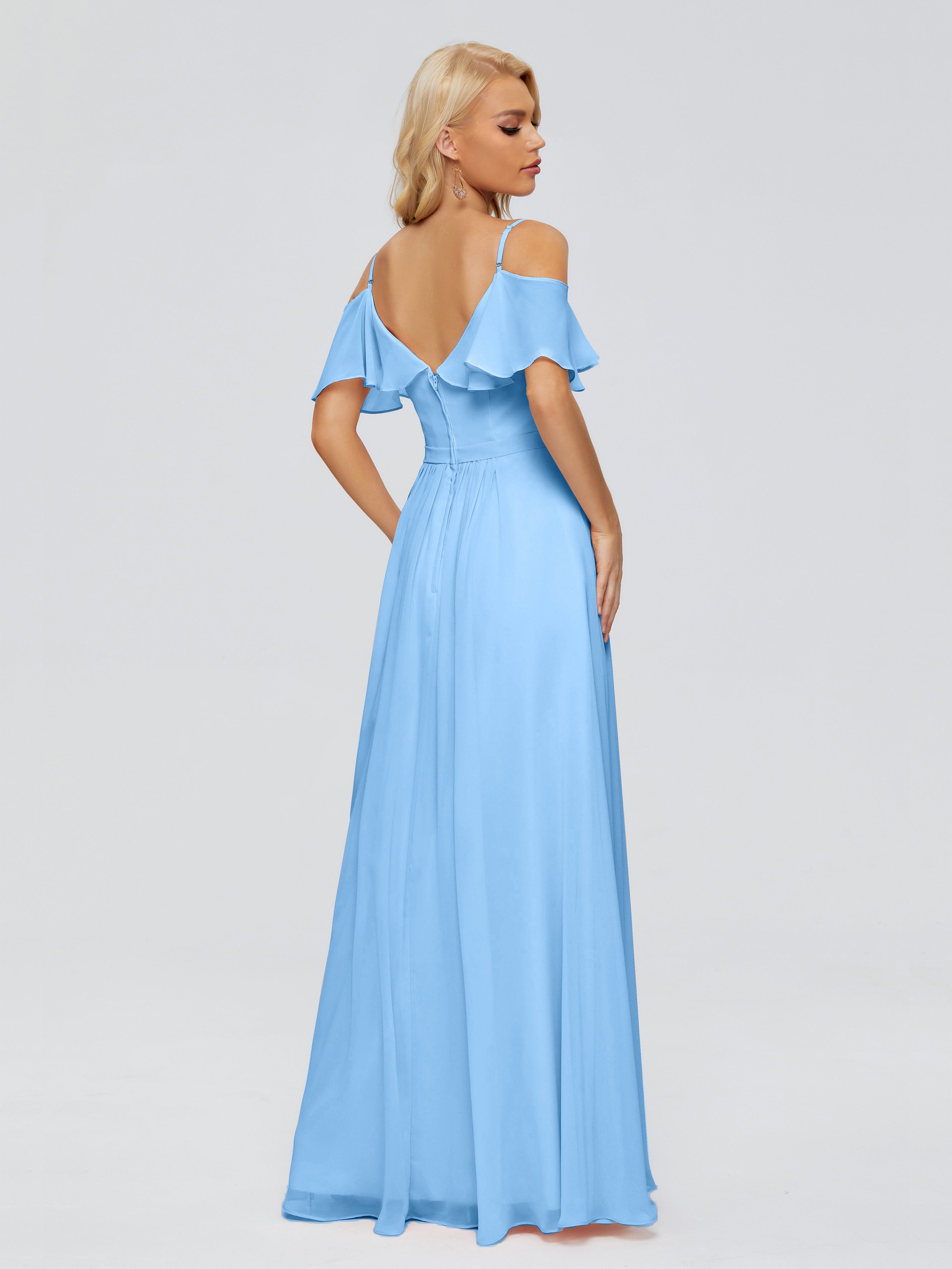 Robes De Demoiselle D'Honneur Bleues Longues Col V Robes Demoiselle D'Honneur À Volants