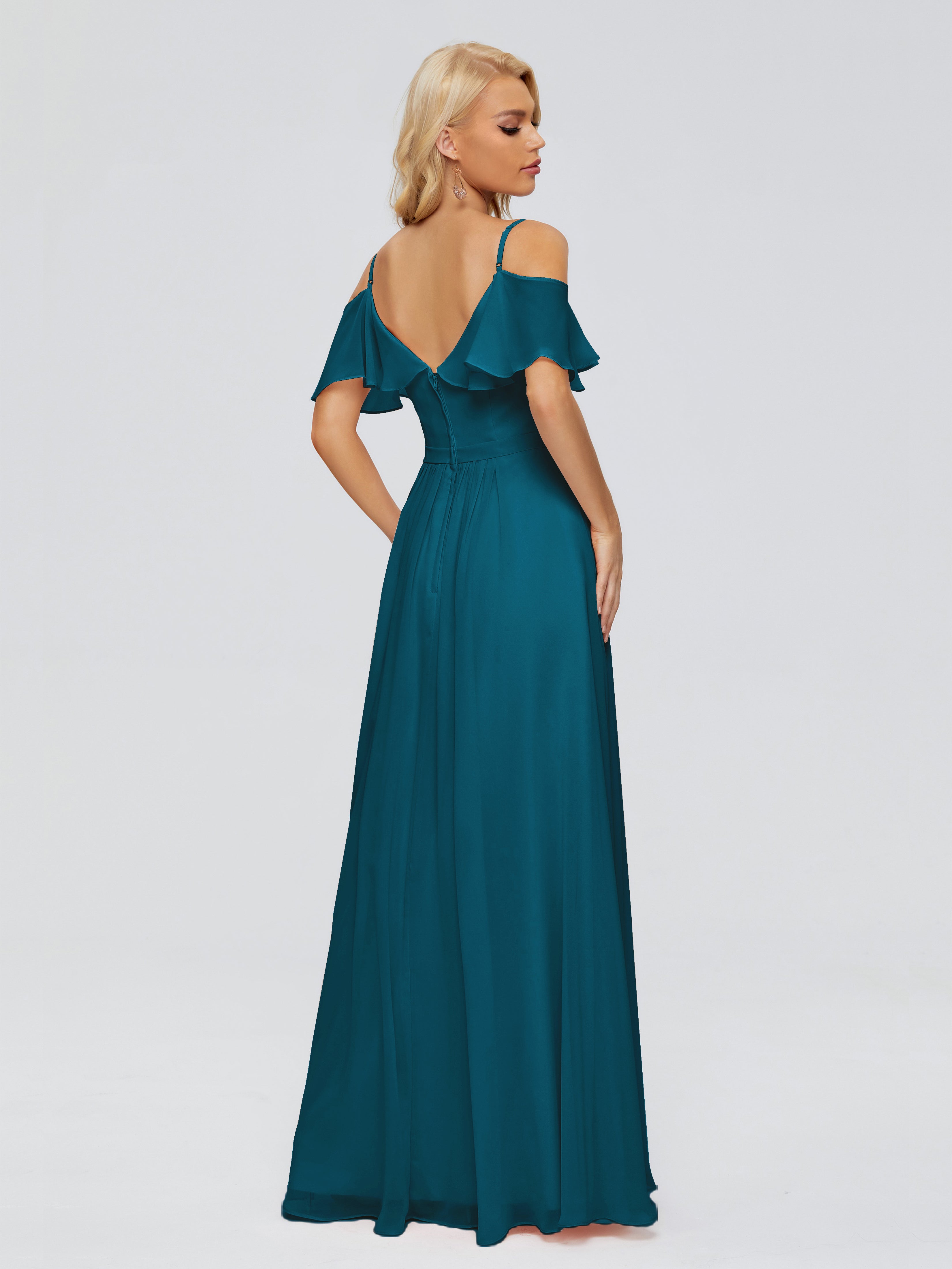 Robes De Demoiselle D'Honneur Bleu Encre Col V Robes Demoiselle D'Honneur À Volants