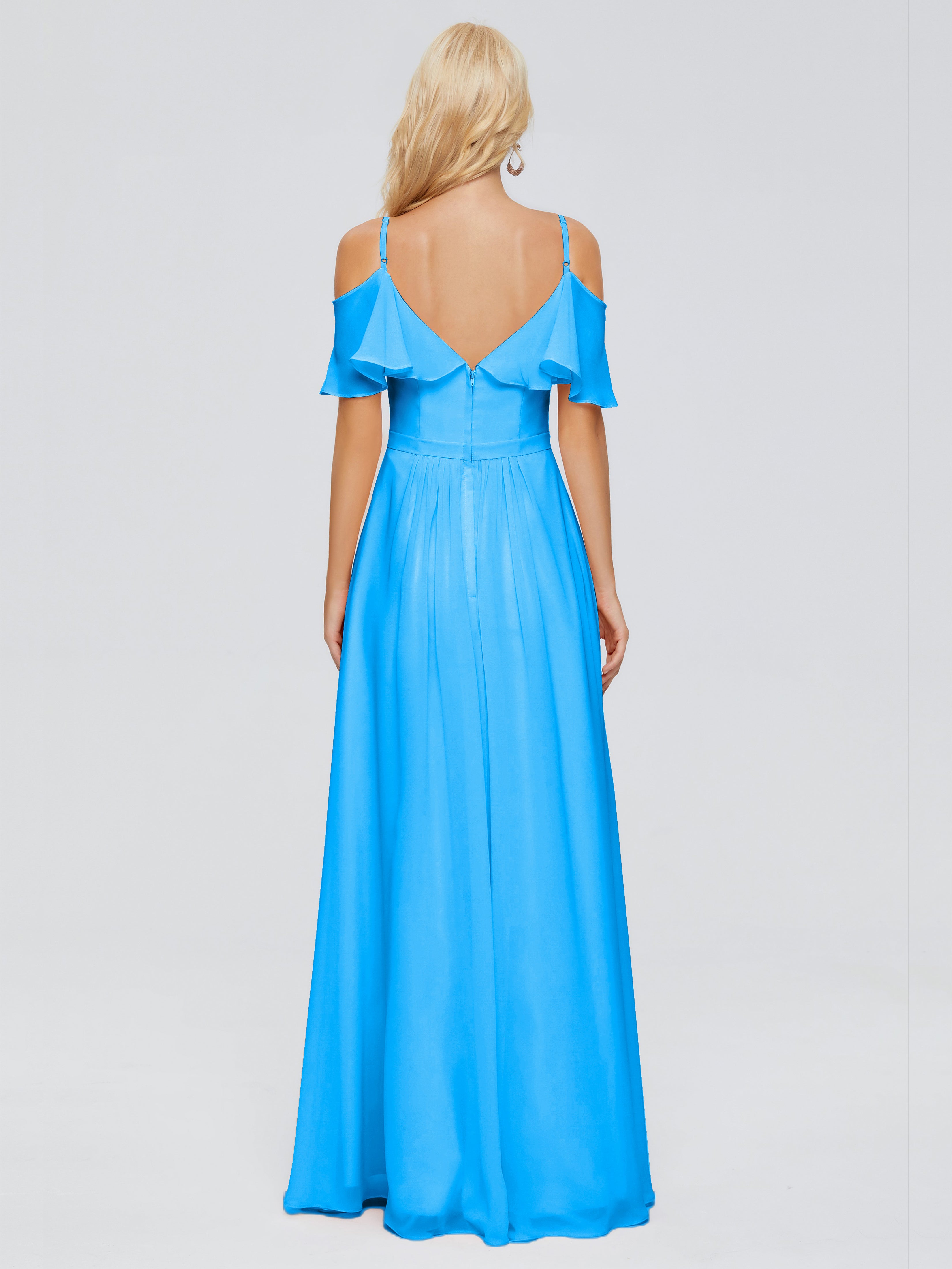 Robes De Demoiselle D'Honneur Bleu Océan Col V Robes Demoiselle D'Honneur À Volants