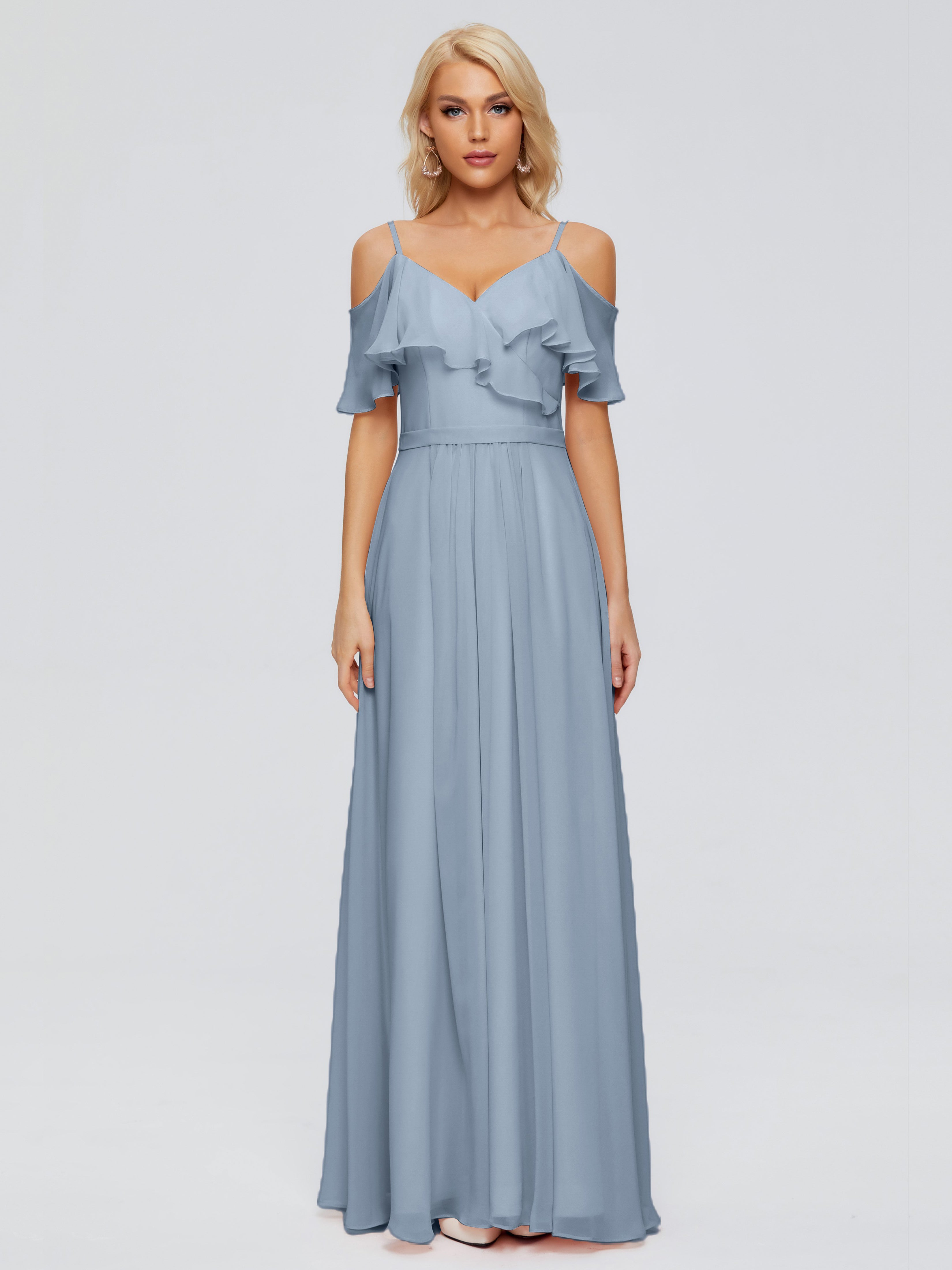 Robes De Demoiselle D'Honneur Bleu Poussiéreux Col V Robes Demoiselle D'Honneur À Volants
