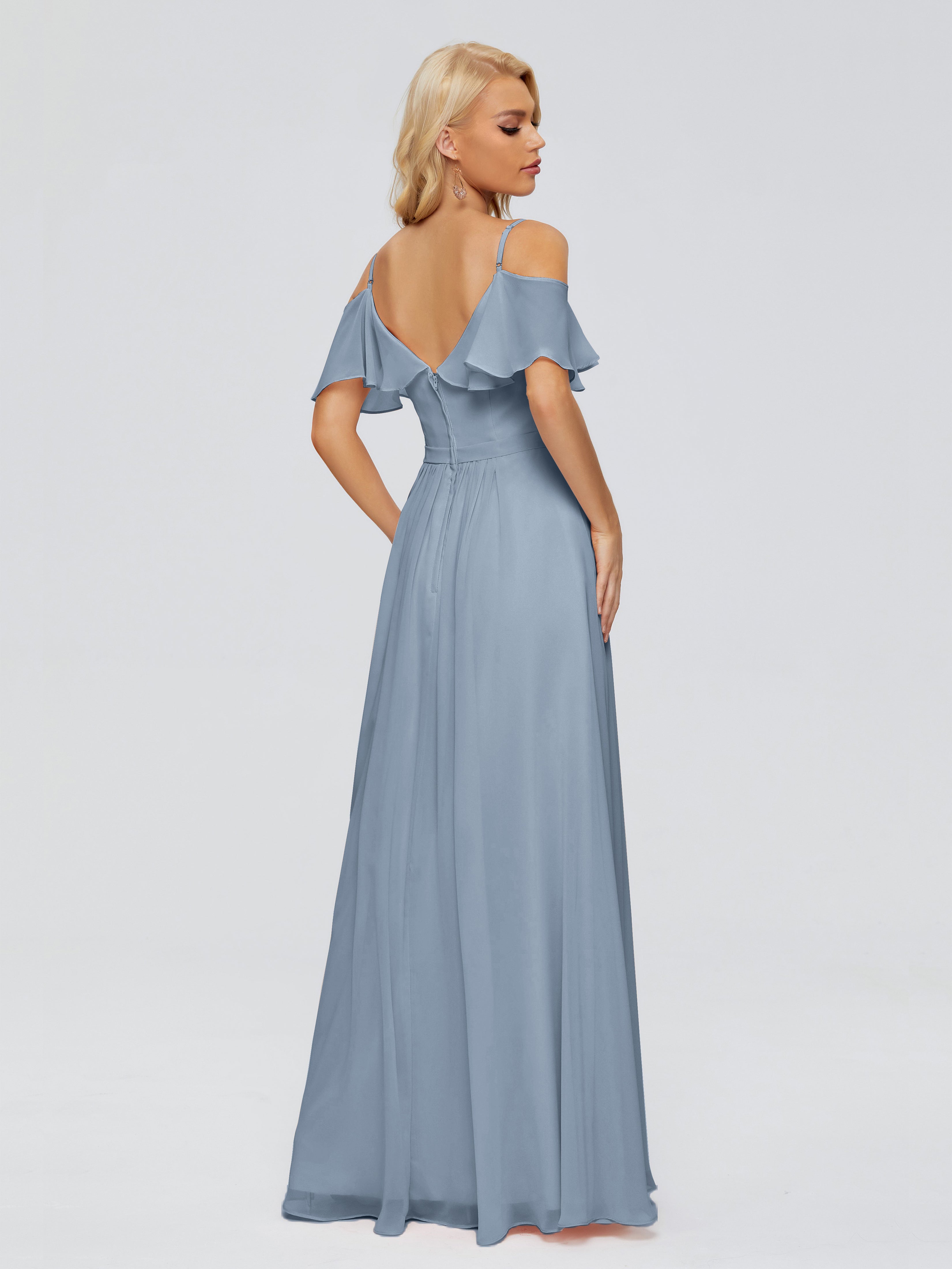 Robes De Demoiselle D'Honneur Bleu Poussiéreux Col V Robes Demoiselle D'Honneur À Volants