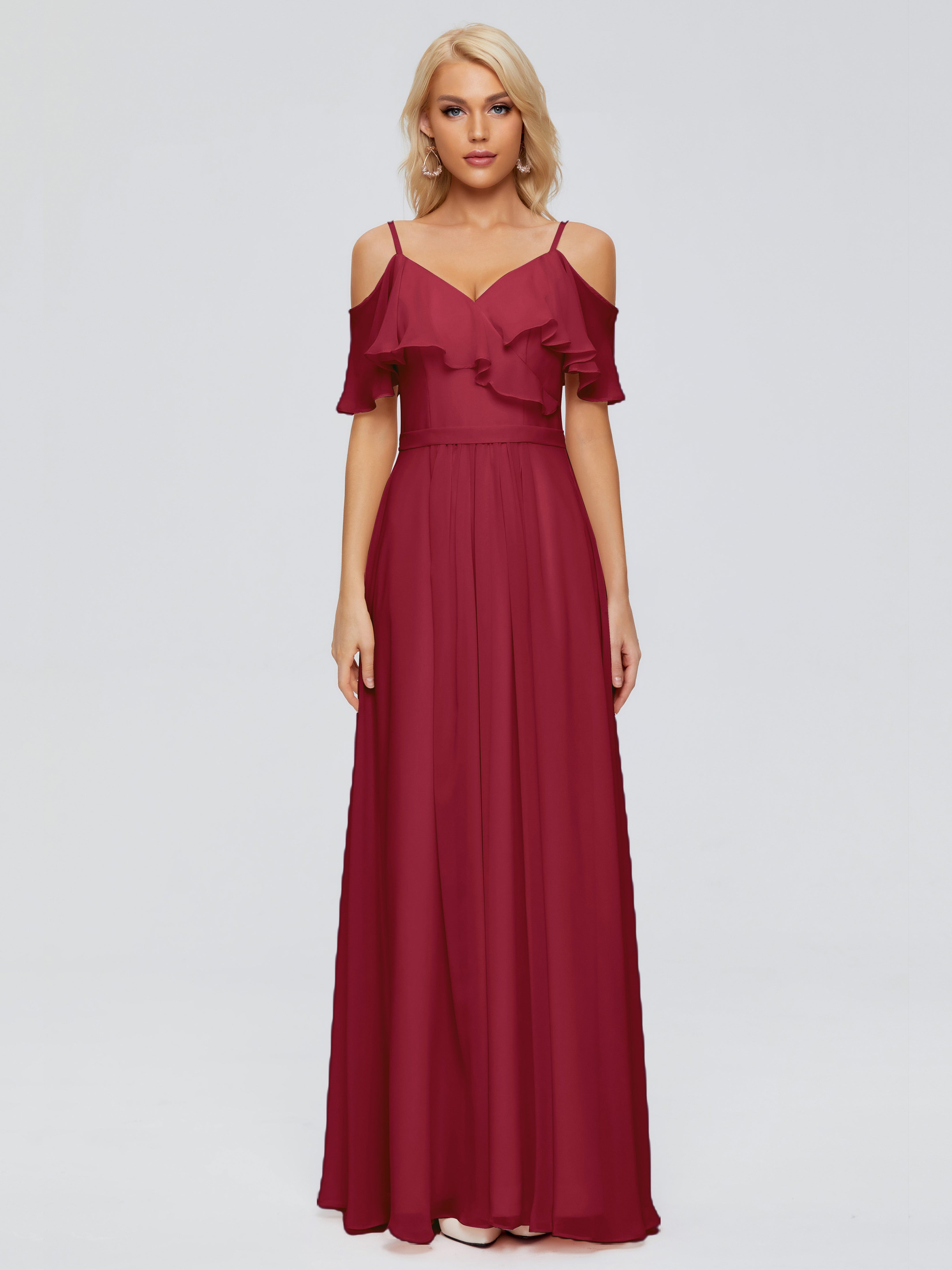 Robe Demoiselle D Honneur Bordeaux Col V Robes Demoiselle D'Honneur À Volants