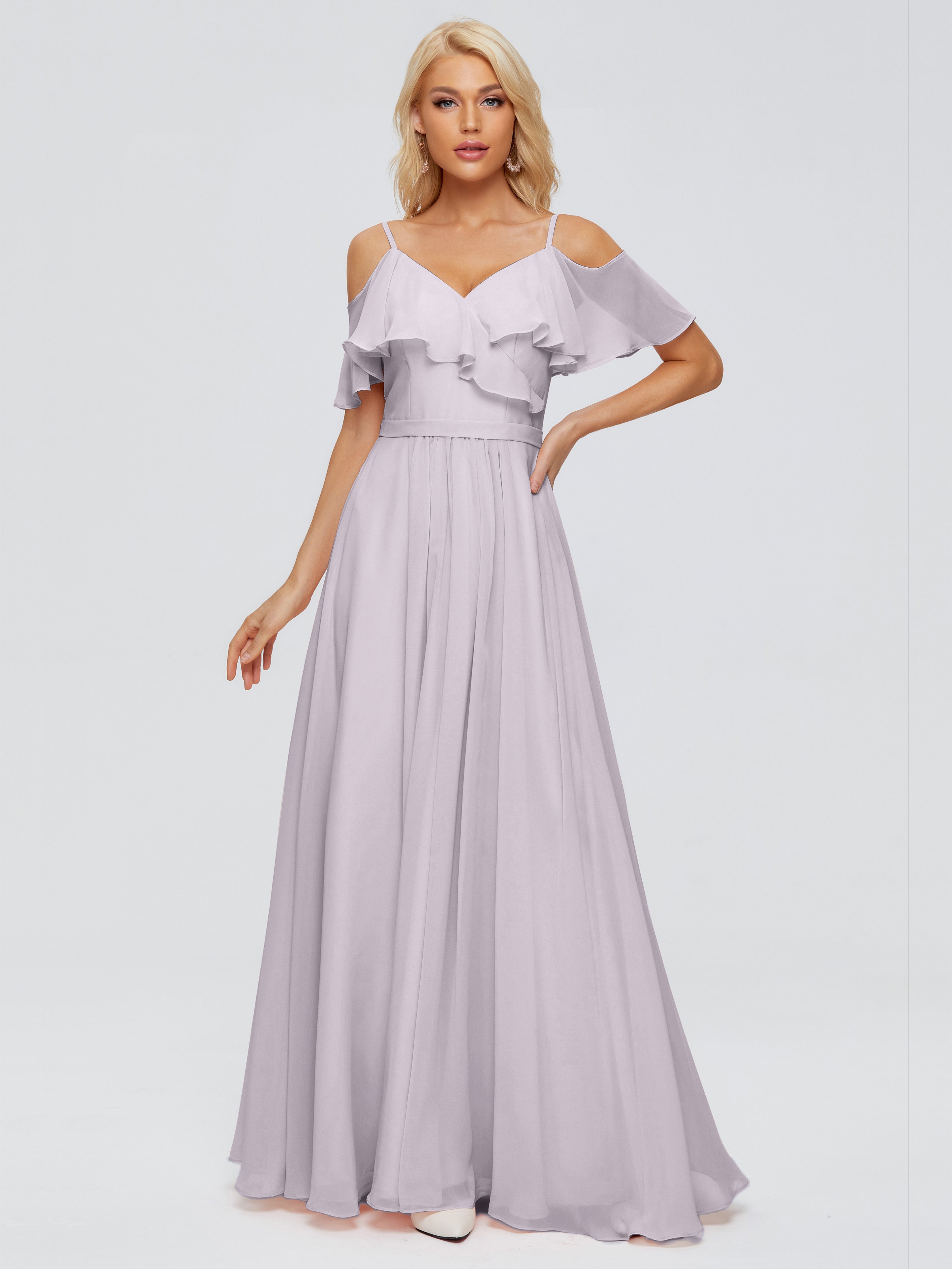 Robes De Demoiselle D'Honneur Couleur Crépuscule Col V Robes Demoiselle D'Honneur À Volants