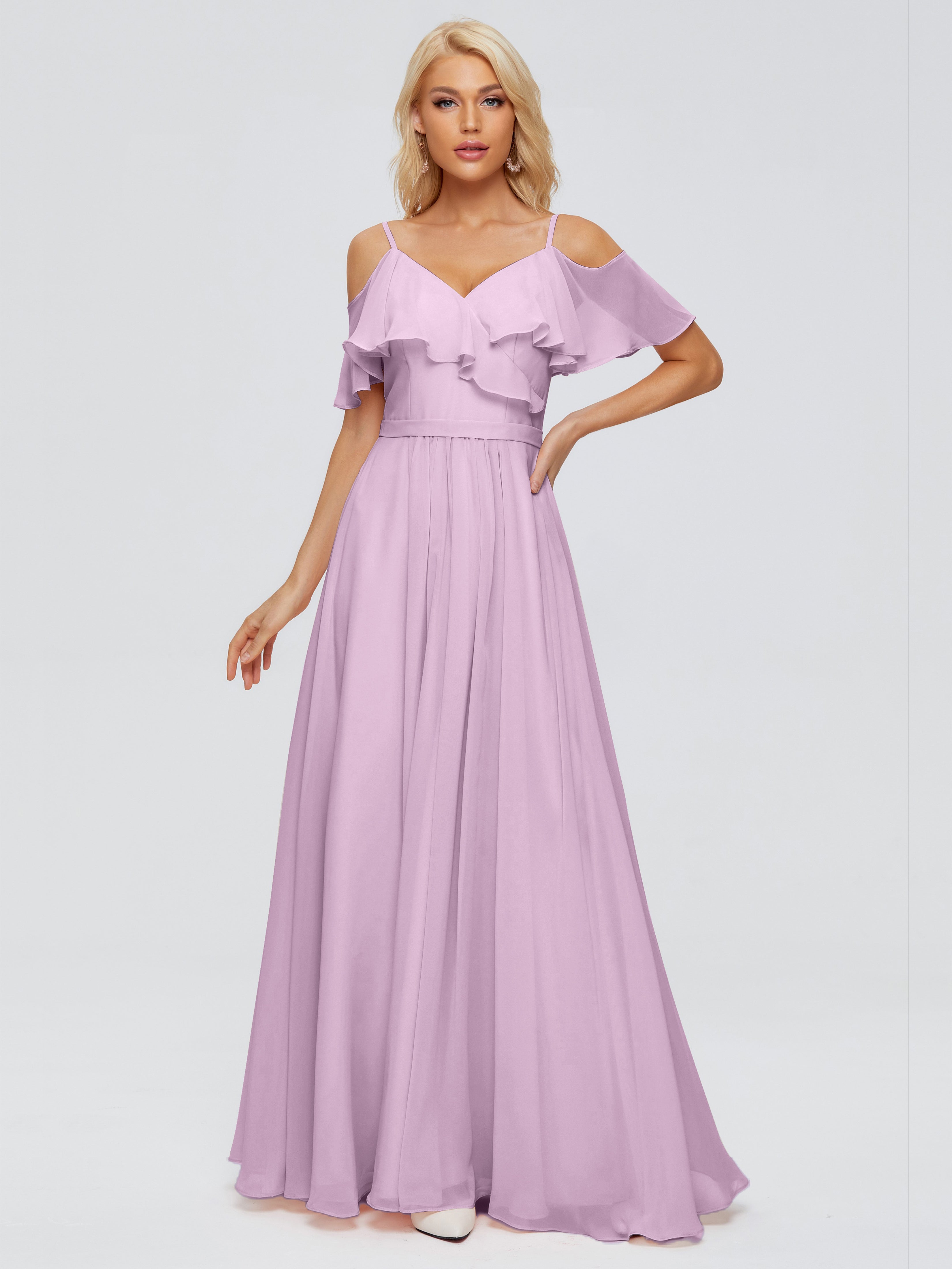 Robes De Demoiselle D'Honneur Glycine Col V Robes Demoiselle D'Honneur À Volants