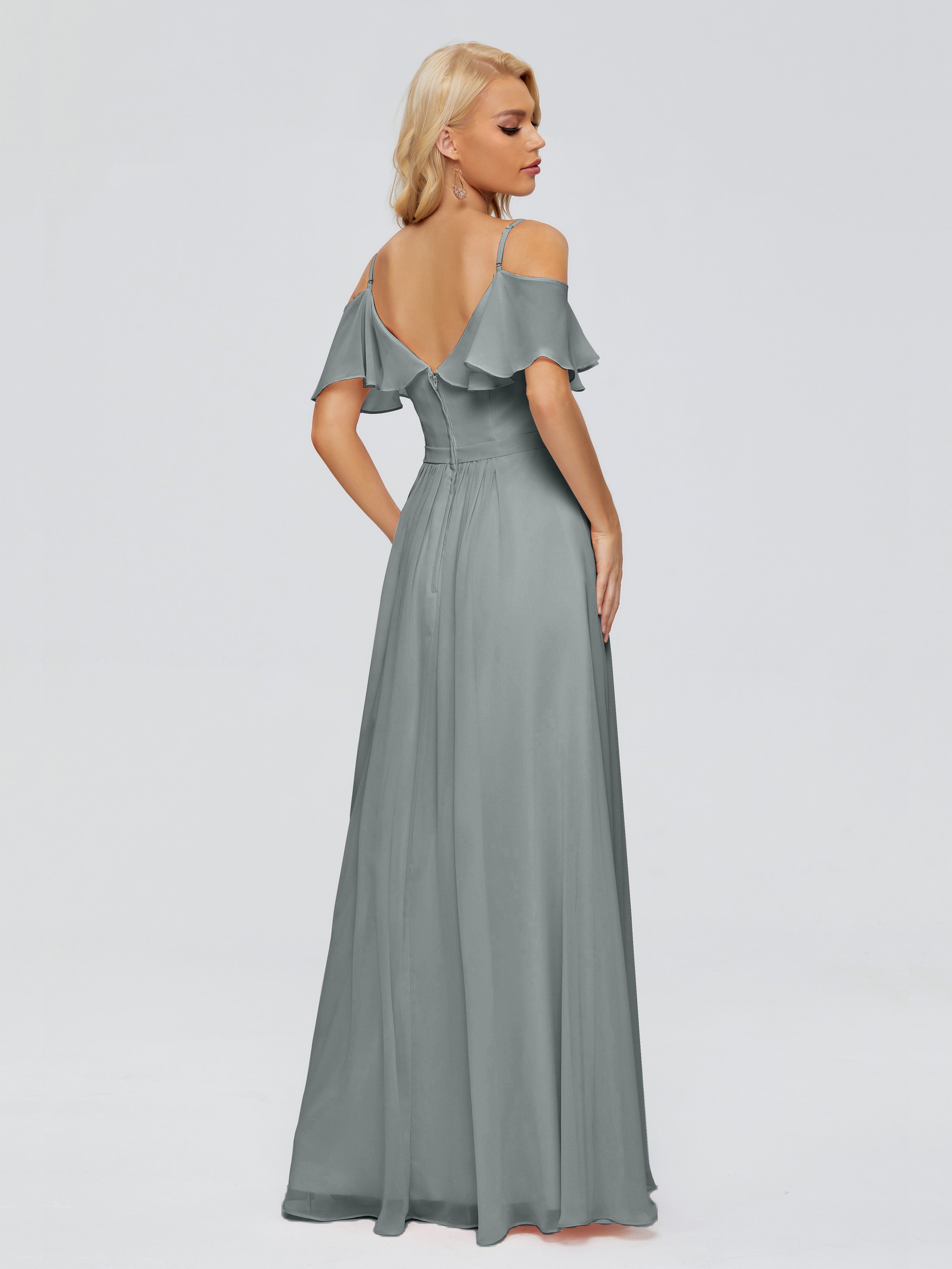 Robe Demoiselle D Honneur Gris Argenté Col V Robes Demoiselle D'Honneur À Volants