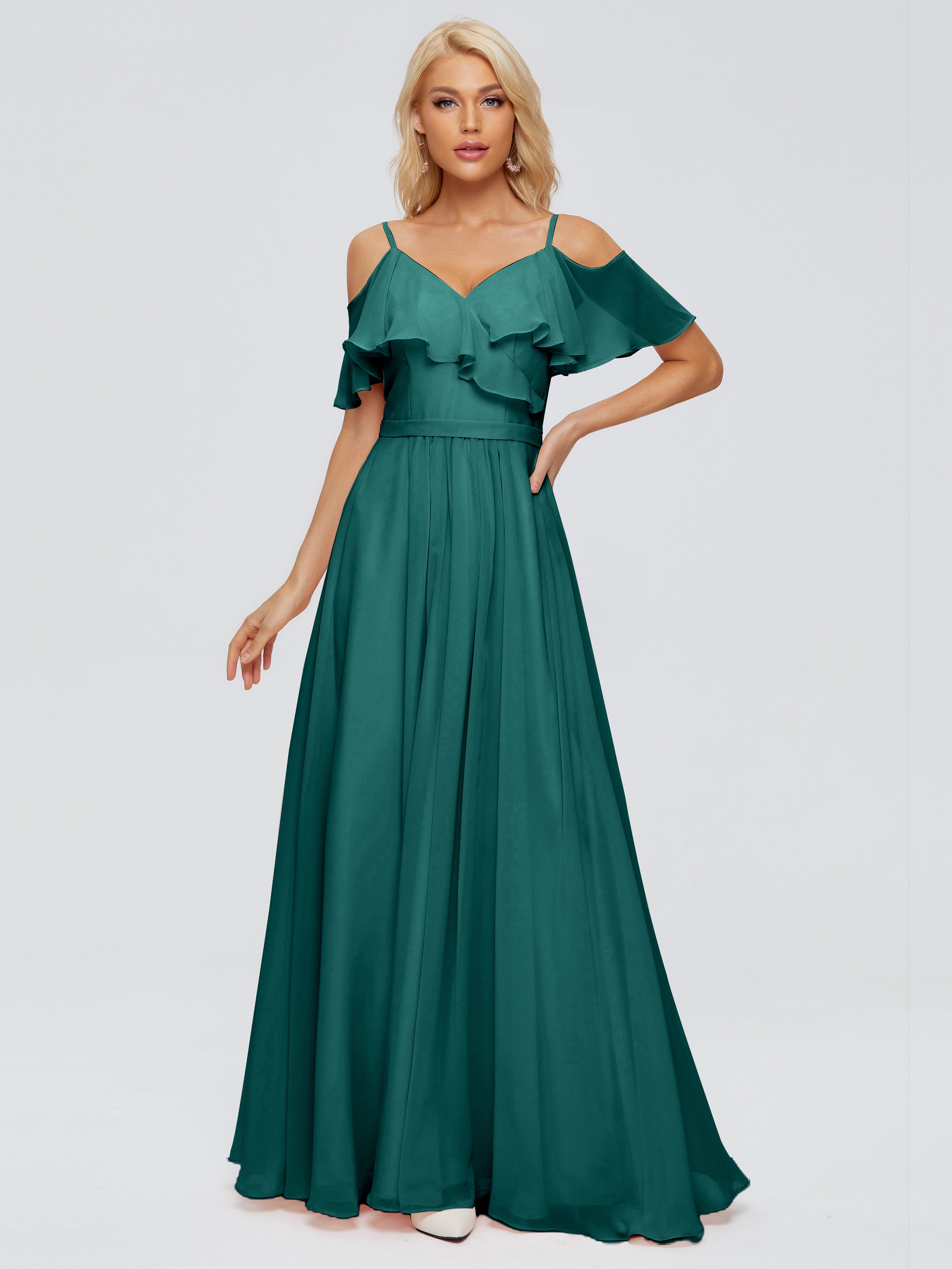 Robes De Demoiselle D'Honneur Bleu Paon Col V Robes Demoiselle D'Honneur À Volants