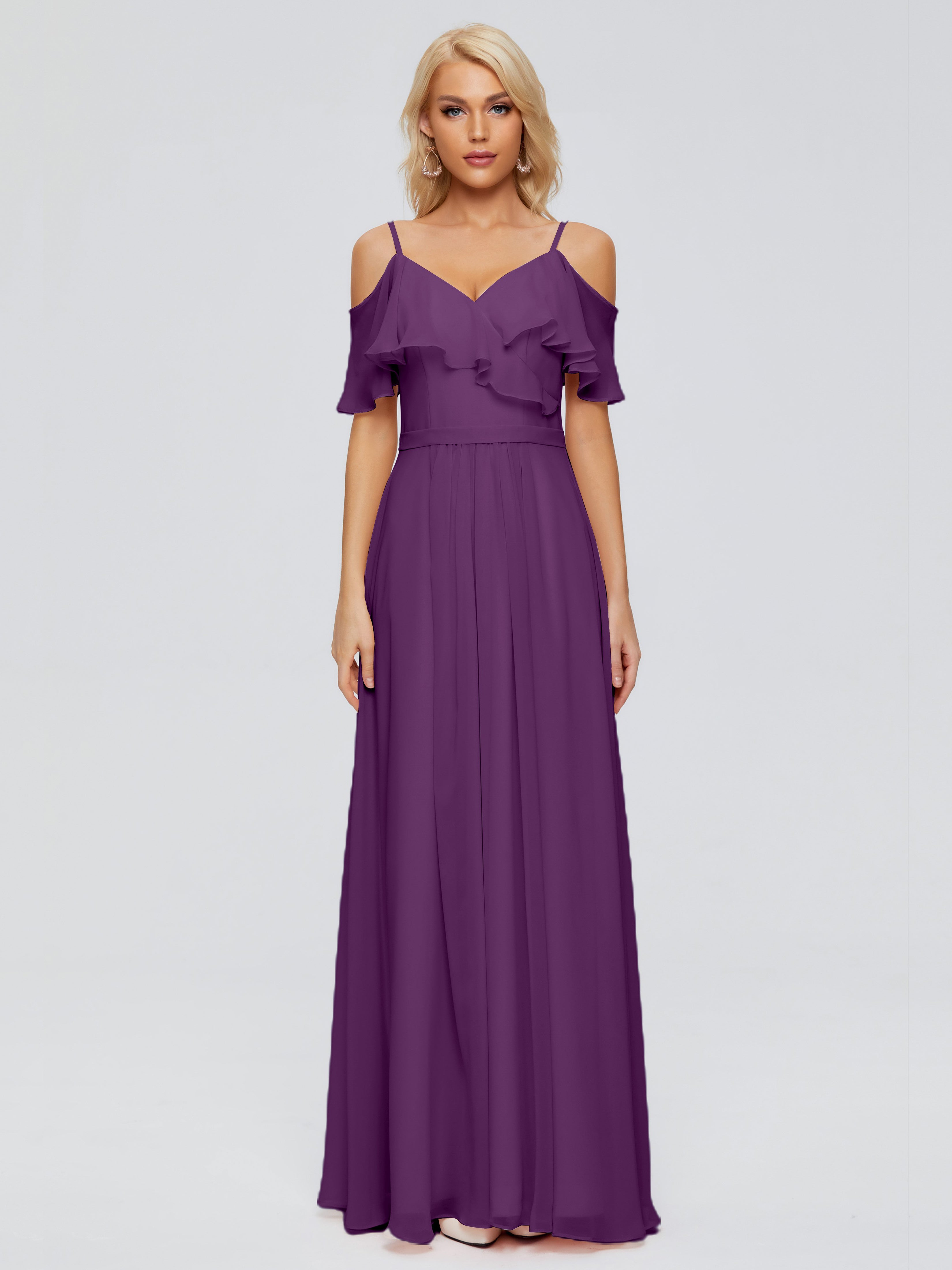 Robes De Demoiselle D'Honneur En Raisin Col V Robes Demoiselle D'Honneur À Volants