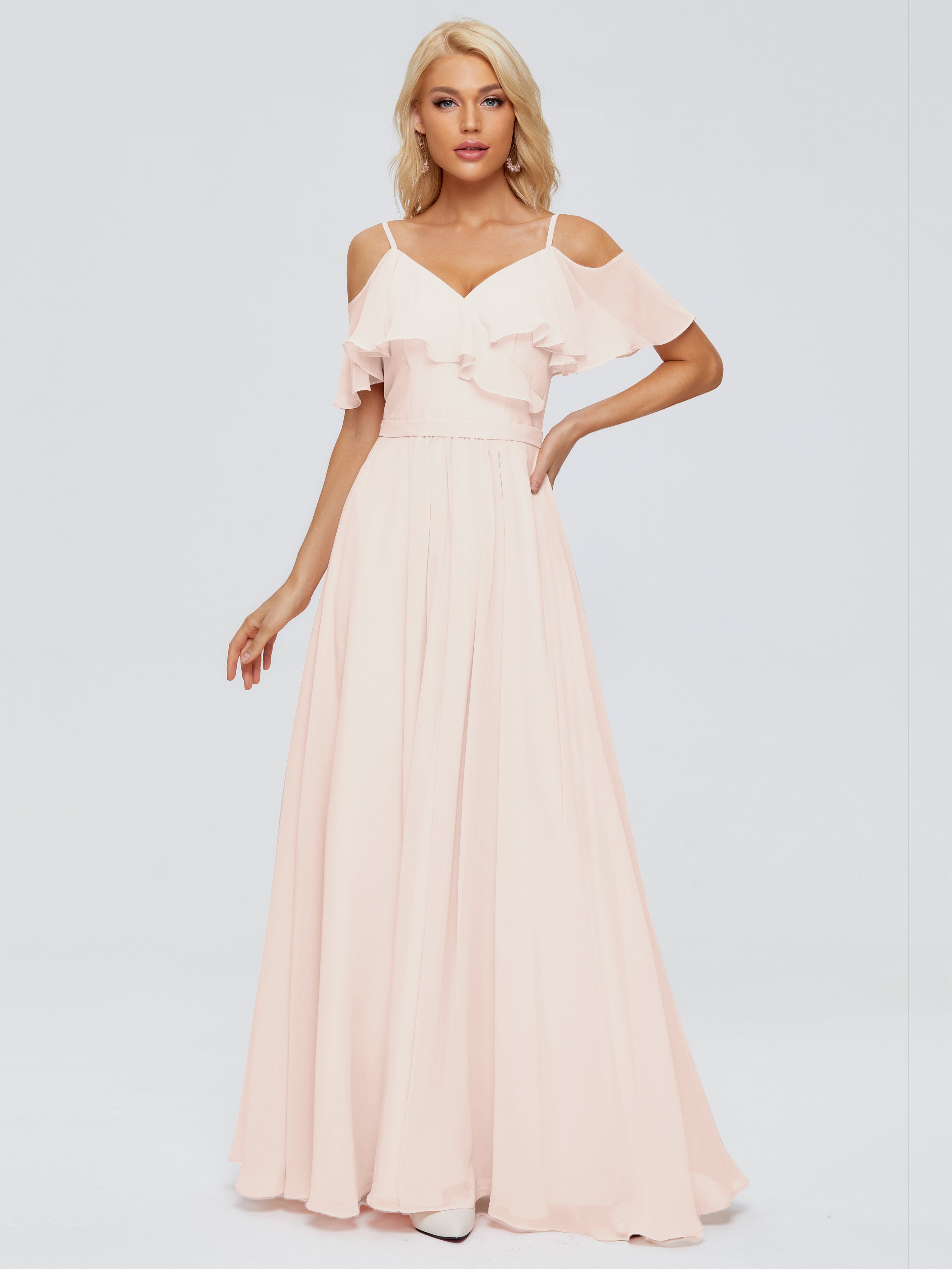 Robe Demoiselle D Honneur Rose Perle Col V Robes Demoiselle D'Honneur À Volants