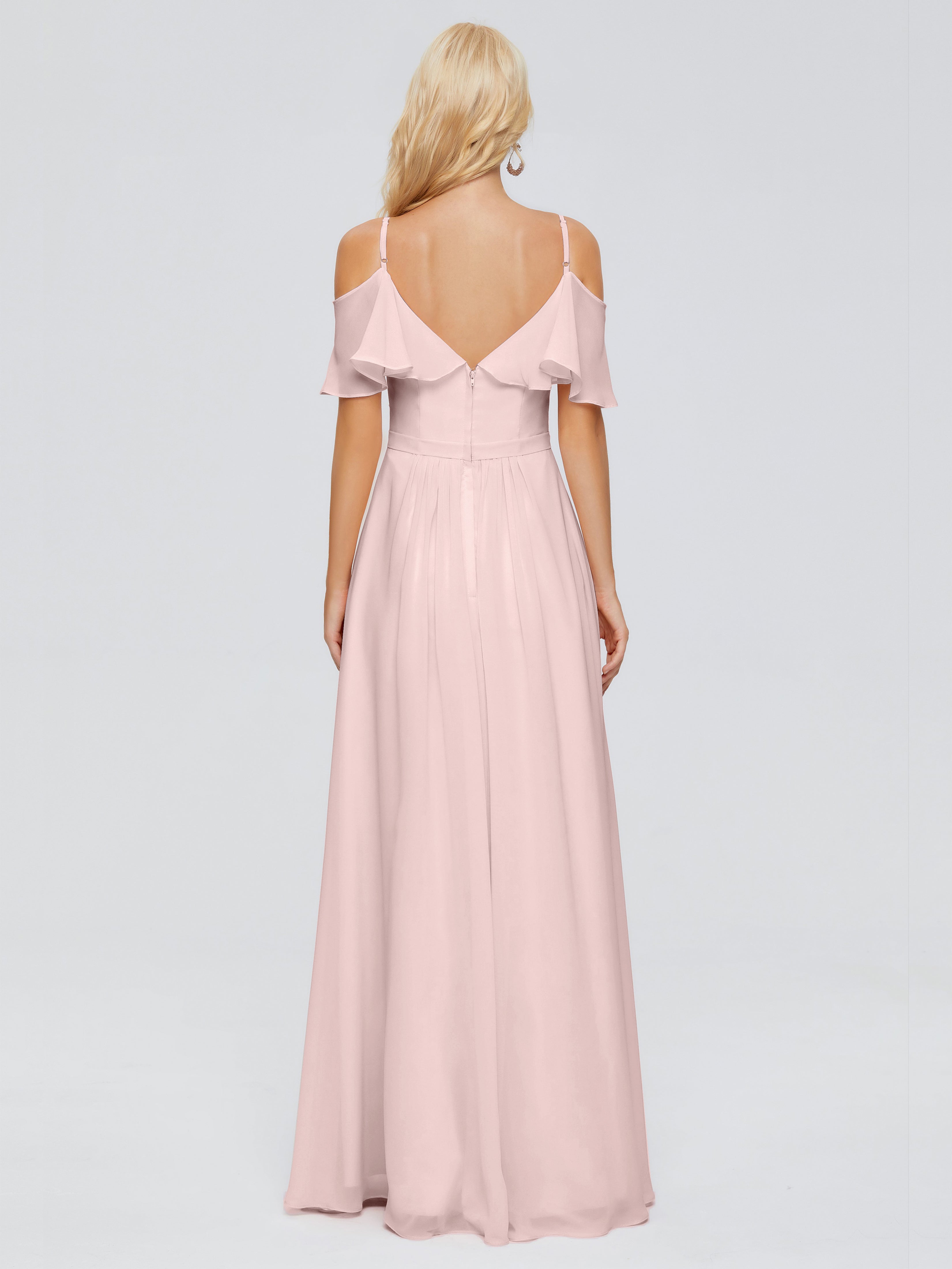 Longues Robes De Demoiselle D'Honneur De Rose Poudrée Col V Robes Demoiselle D'Honneur À Volants