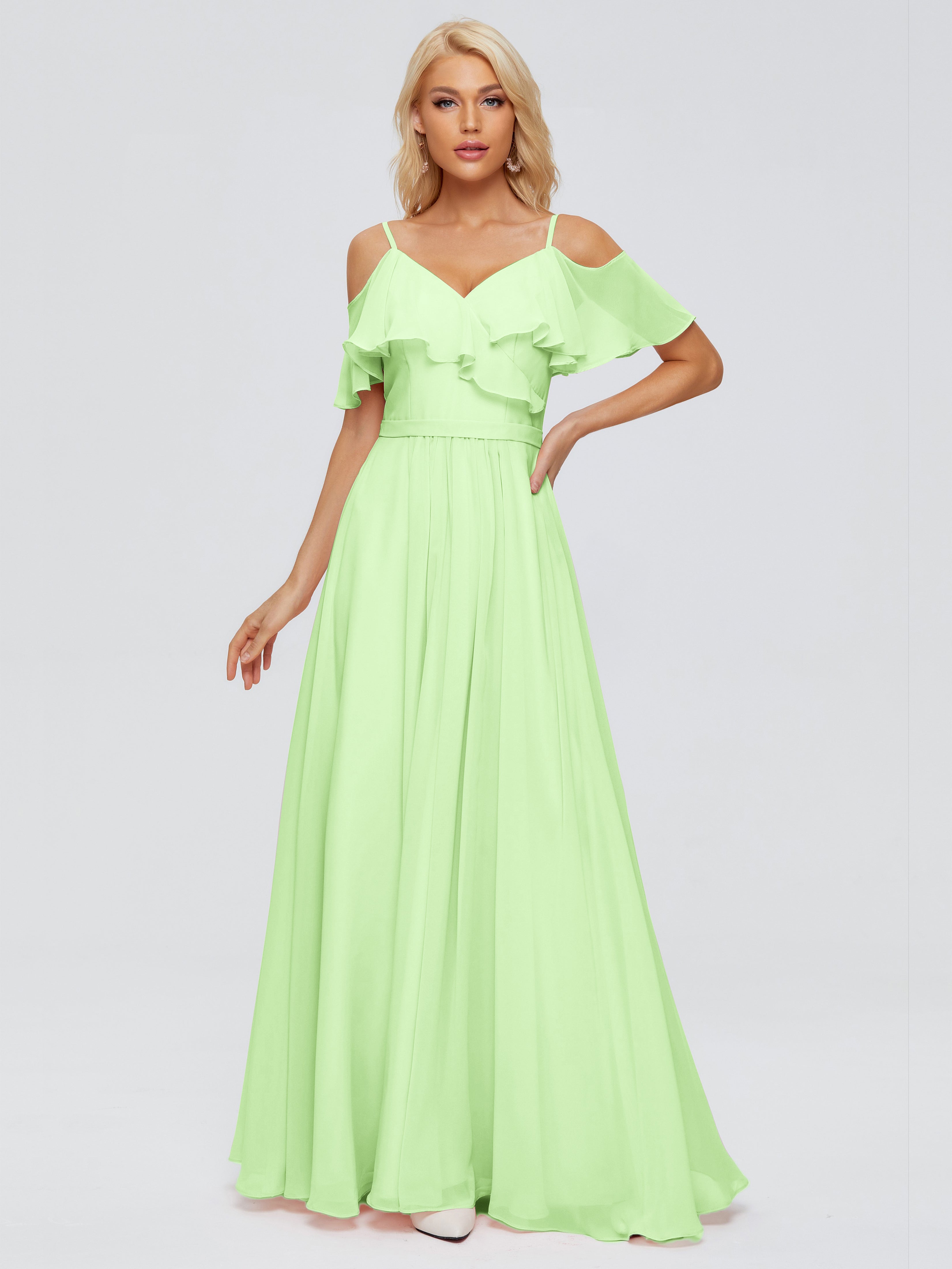 Robe Demoiselle Dhonneur Vert Sauge Col V Robes Demoiselle D'Honneur À Volants