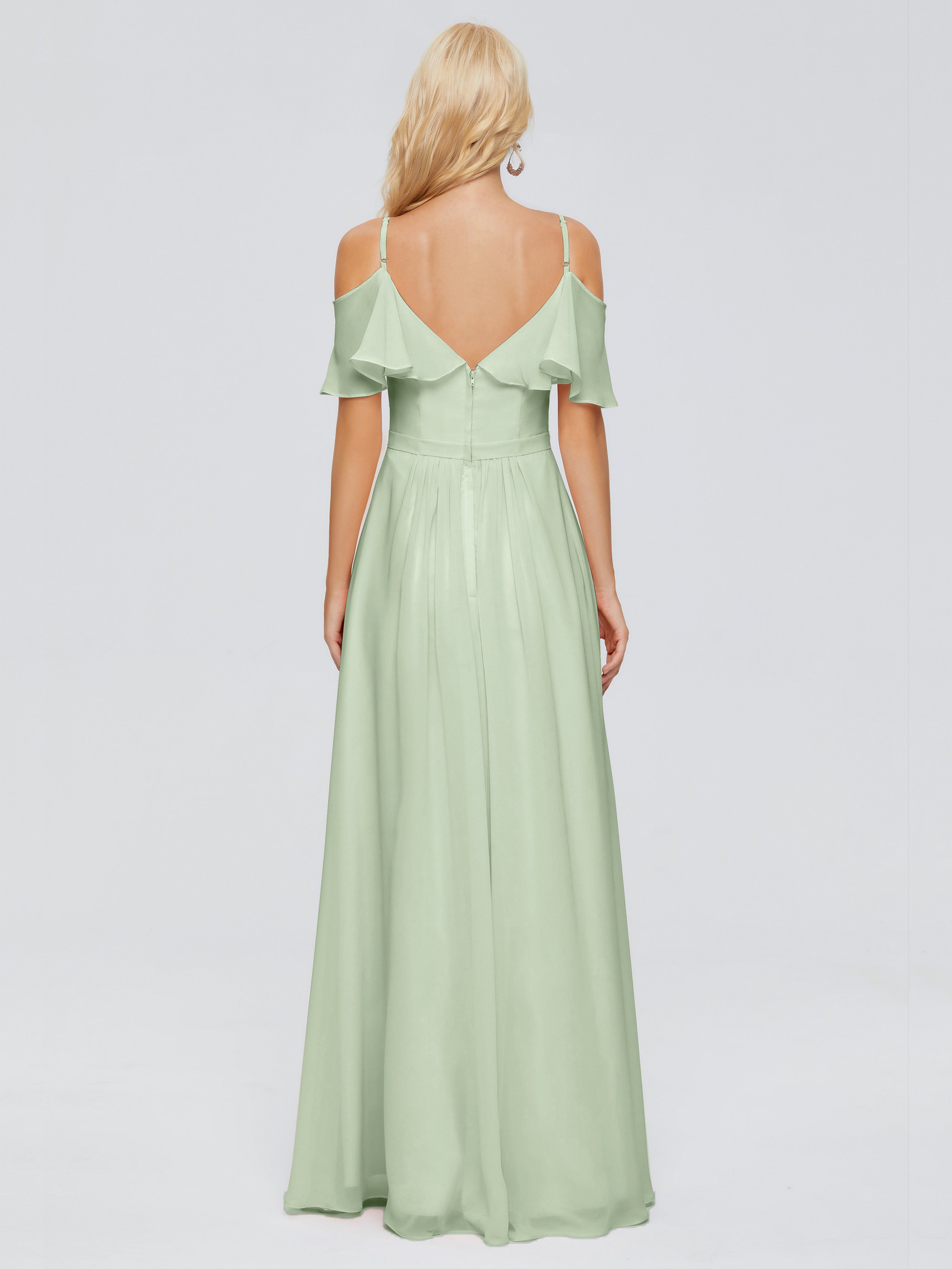 Robe De Demoiselle D'Honneur En Mousseline De Sauge Poussiéreuse Col V Robes Demoiselle D'Honneur À Volants