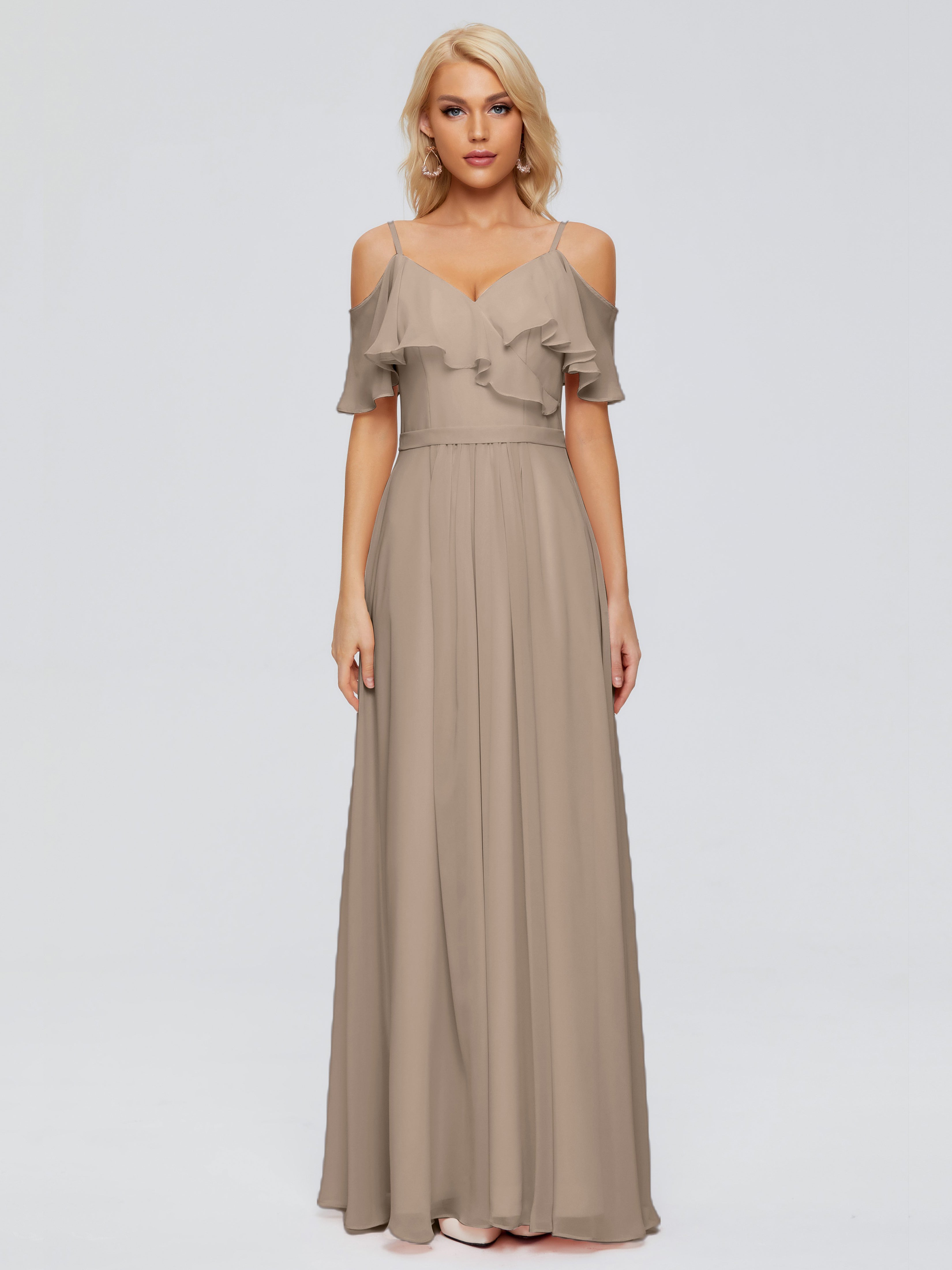 Robe Demoiselle D Honneur Taupe Col V Robes Demoiselle D'Honneur À Volants