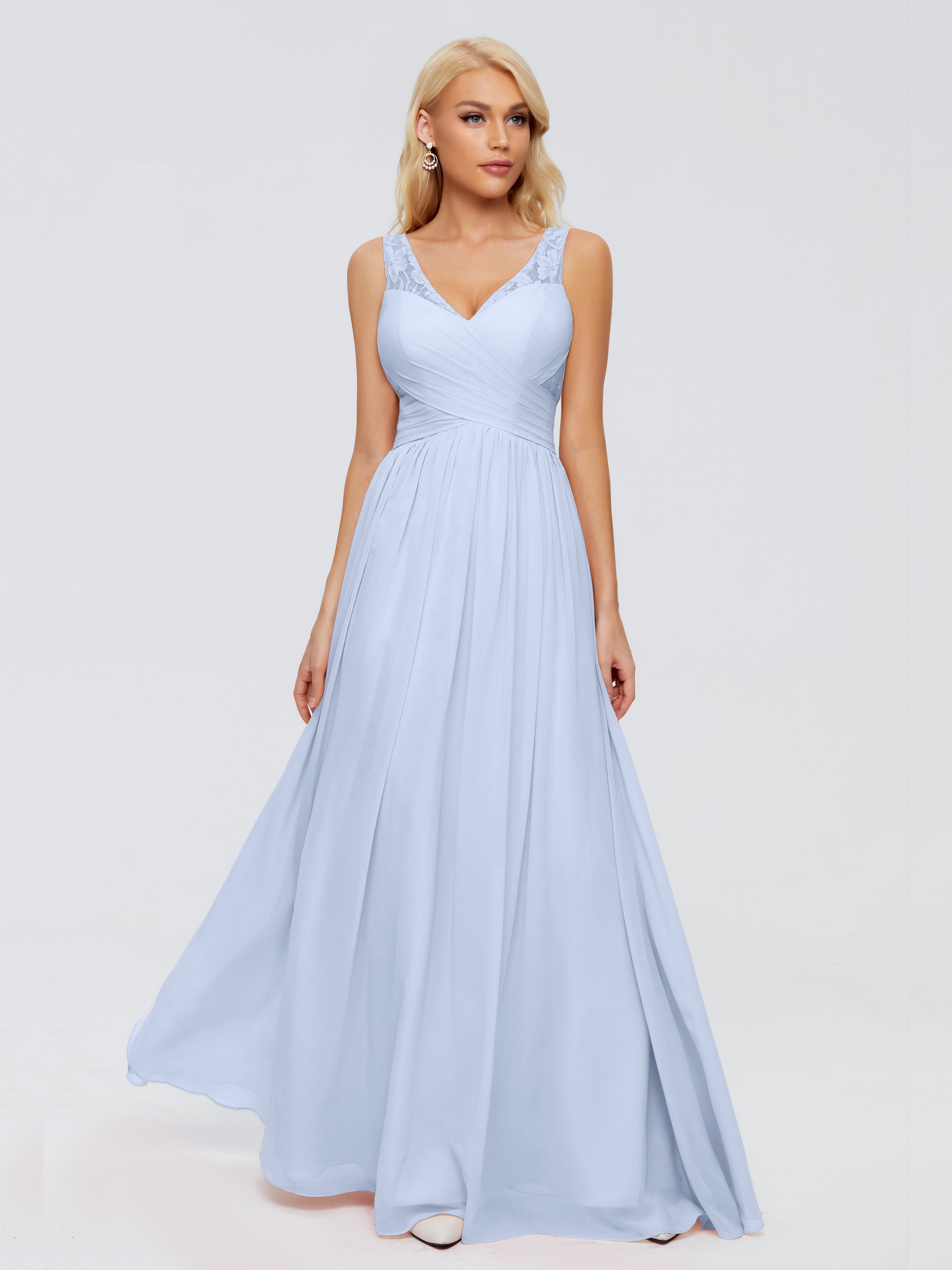 Robe Bleu Ciel Demoiselle D Honneur Trapèze Bretelle Dentelle Mousseline Robes Demoiselle D'Honneur