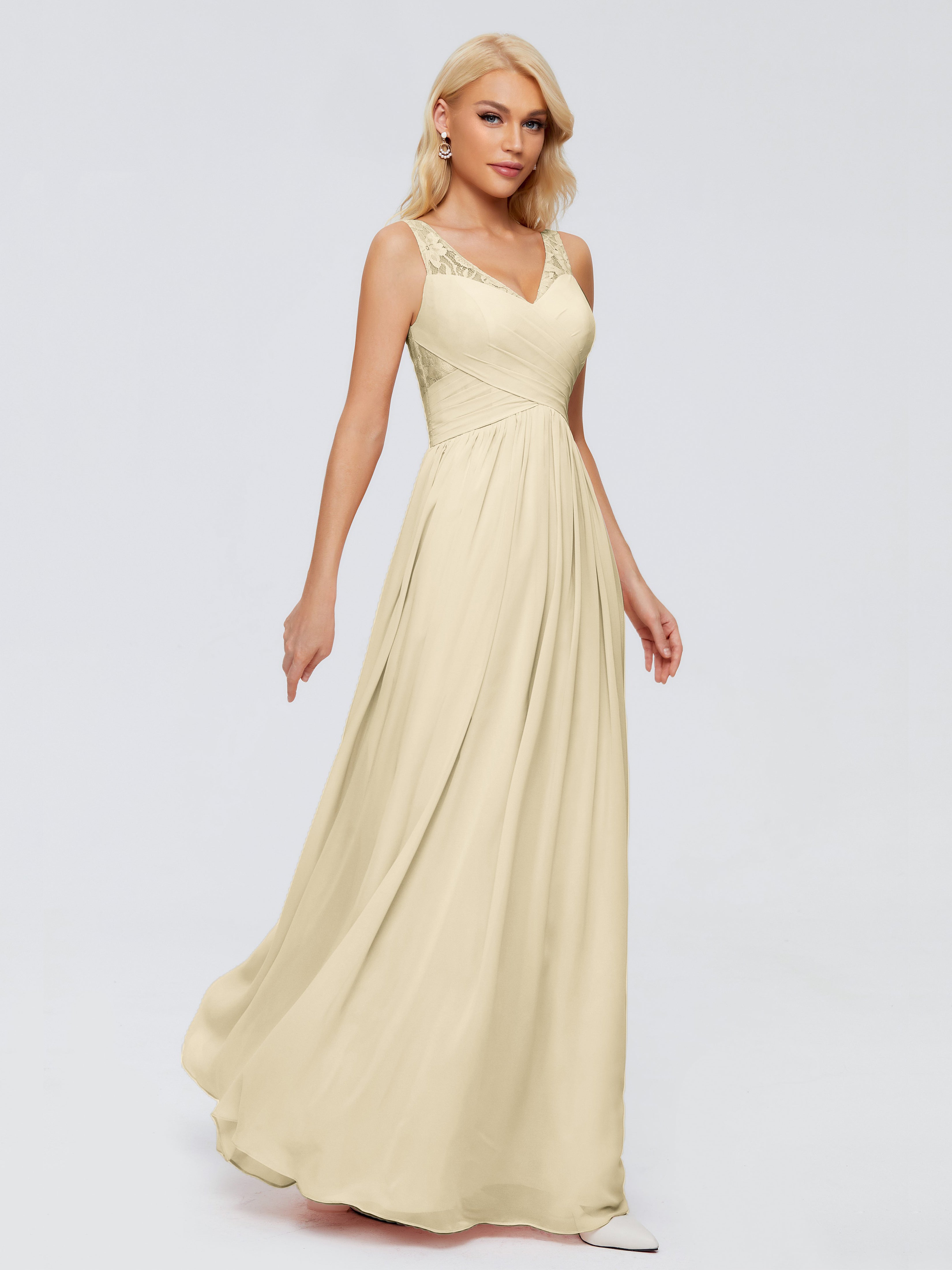 Robe De Demoiselle D'Honneur Champagne Trapèze Bretelle Dentelle Mousseline Robes Demoiselle D'Honneur