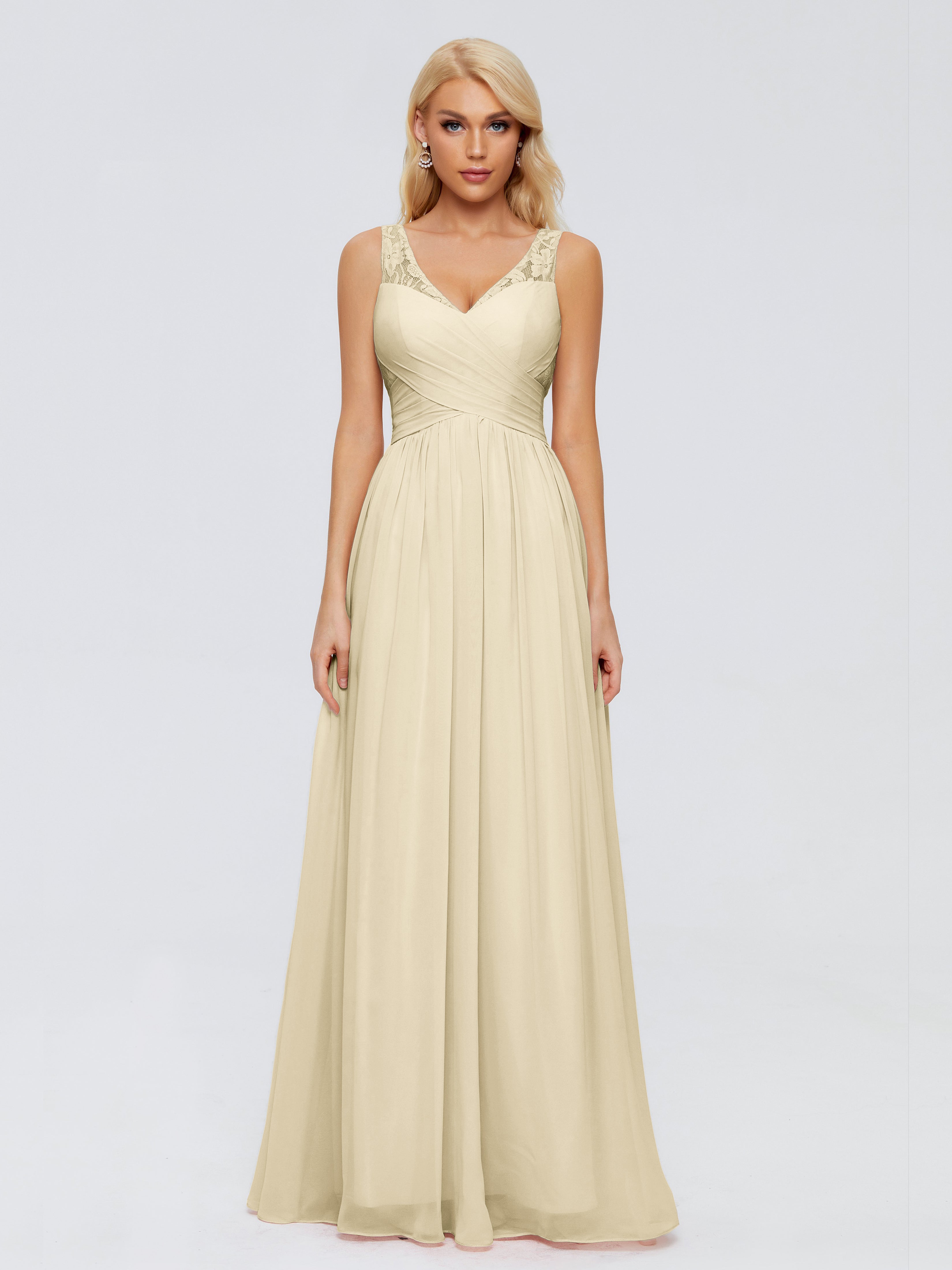 Robe De Demoiselle D'Honneur Champagne Trapèze Bretelle Dentelle Mousseline Robes Demoiselle D'Honneur