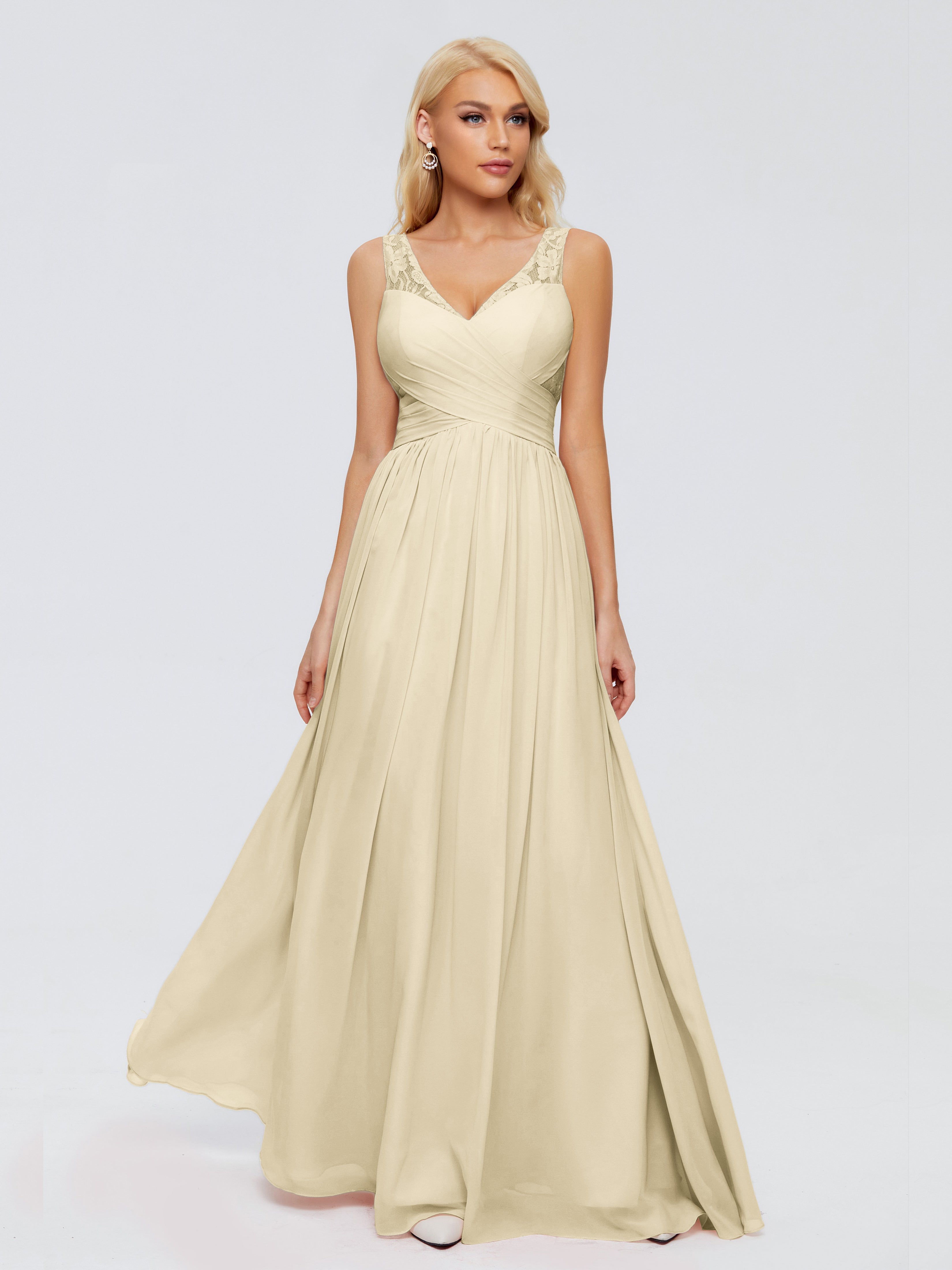 Robe De Demoiselle D'Honneur Champagne Trapèze Bretelle Dentelle Mousseline Robes Demoiselle D'Honneur