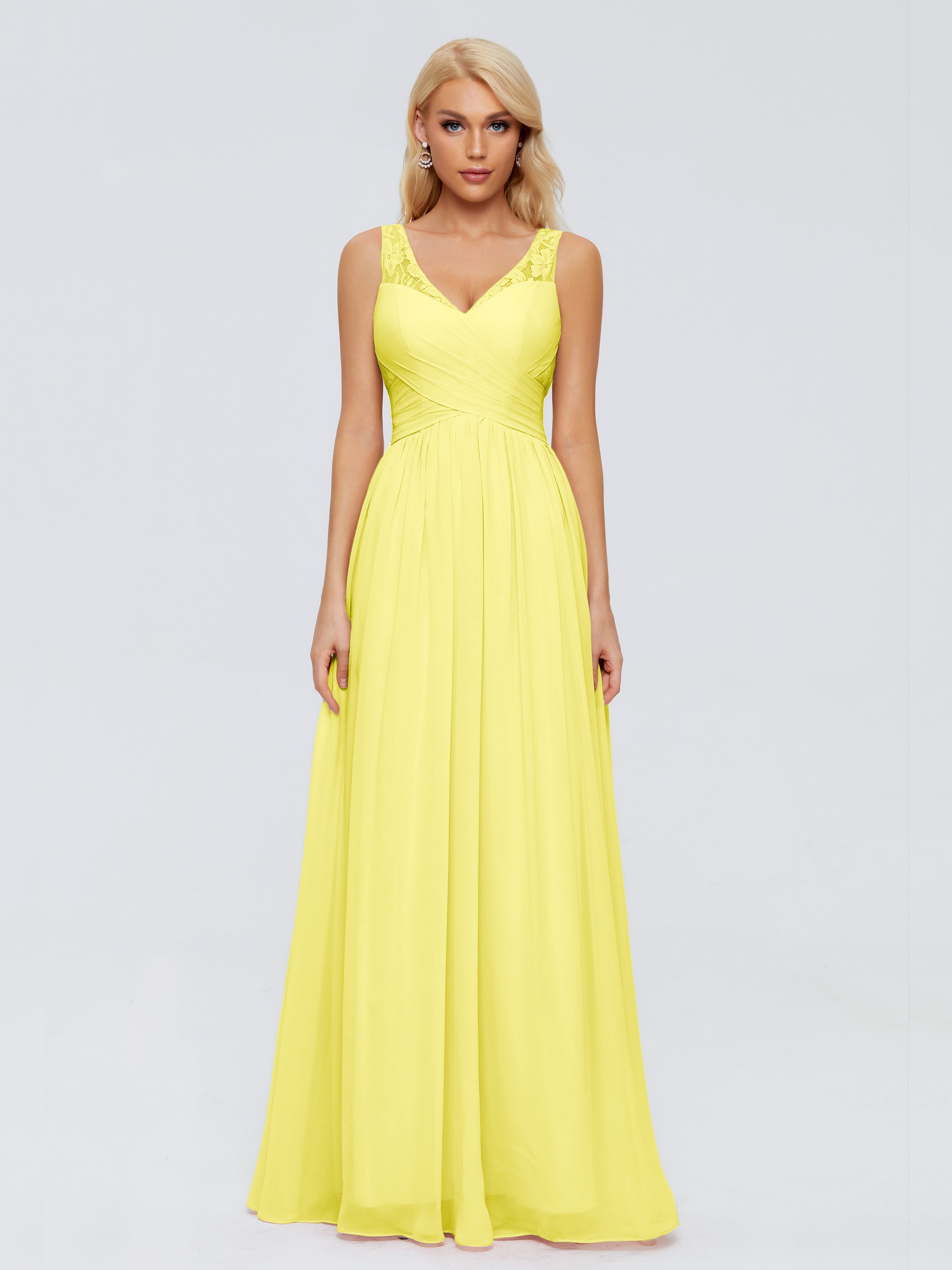 Robes De Demoiselle D'Honneur Citron Trapèze Bretelle Dentelle Mousseline Robes Demoiselle D'Honneur