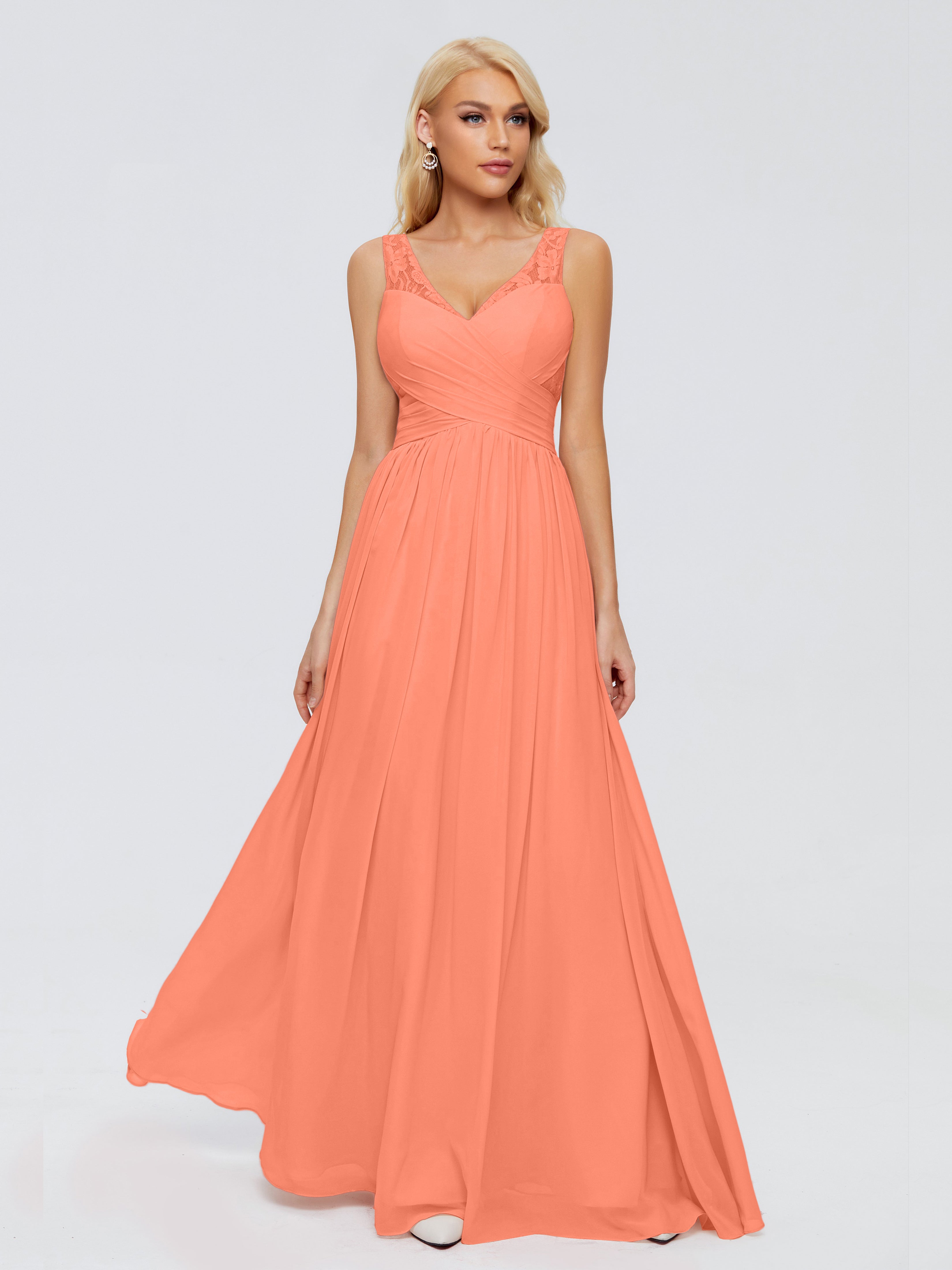 Robes De Demoiselle D'Honneur Coucher De Soleil Trapèze Bretelle Dentelle Mousseline Robes Demoiselle D'Honneur