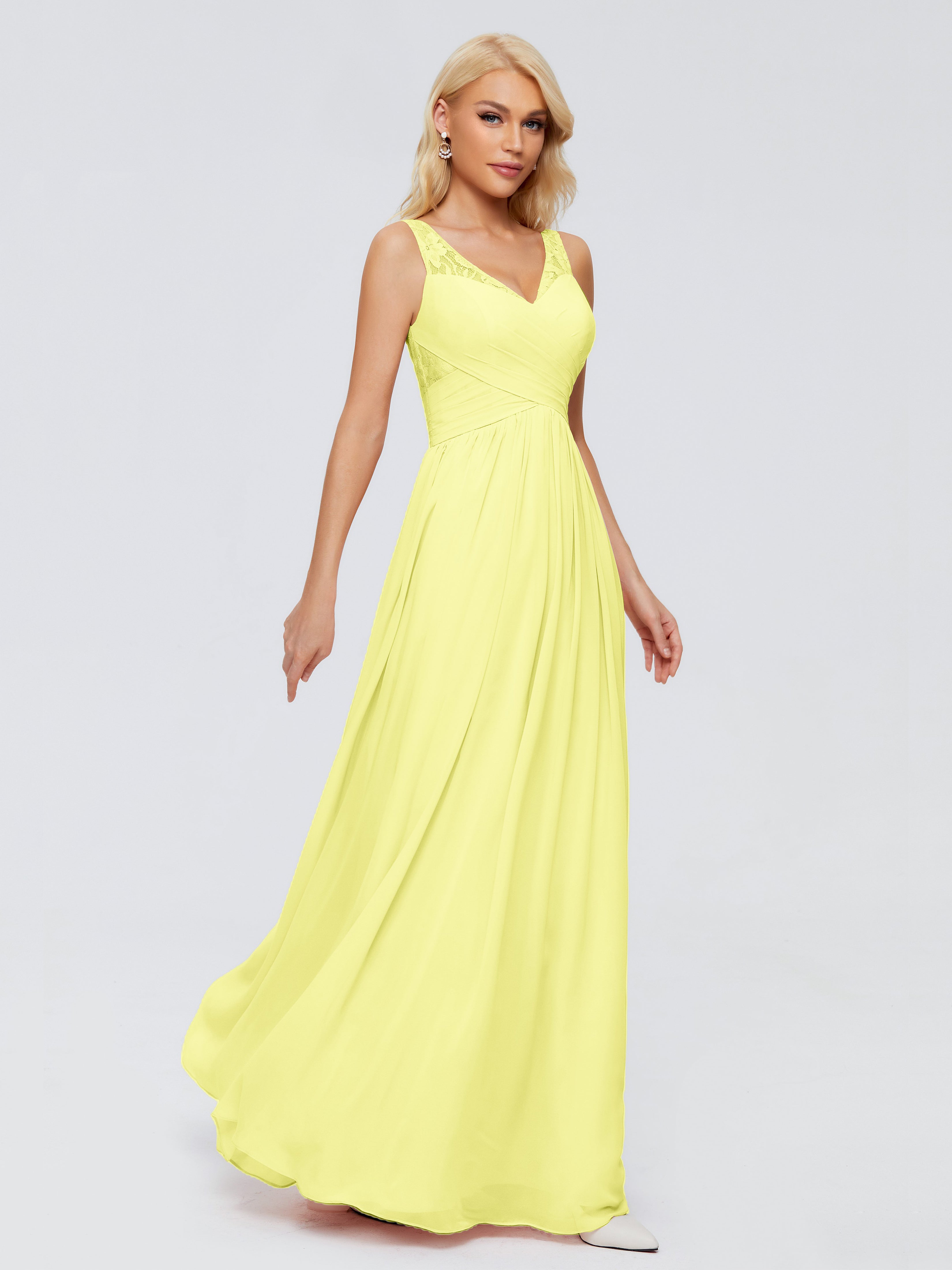 Robes De Demoiselle D'Honneur Jonquille Trapèze Bretelle Dentelle Mousseline Robes Demoiselle D'Honneur