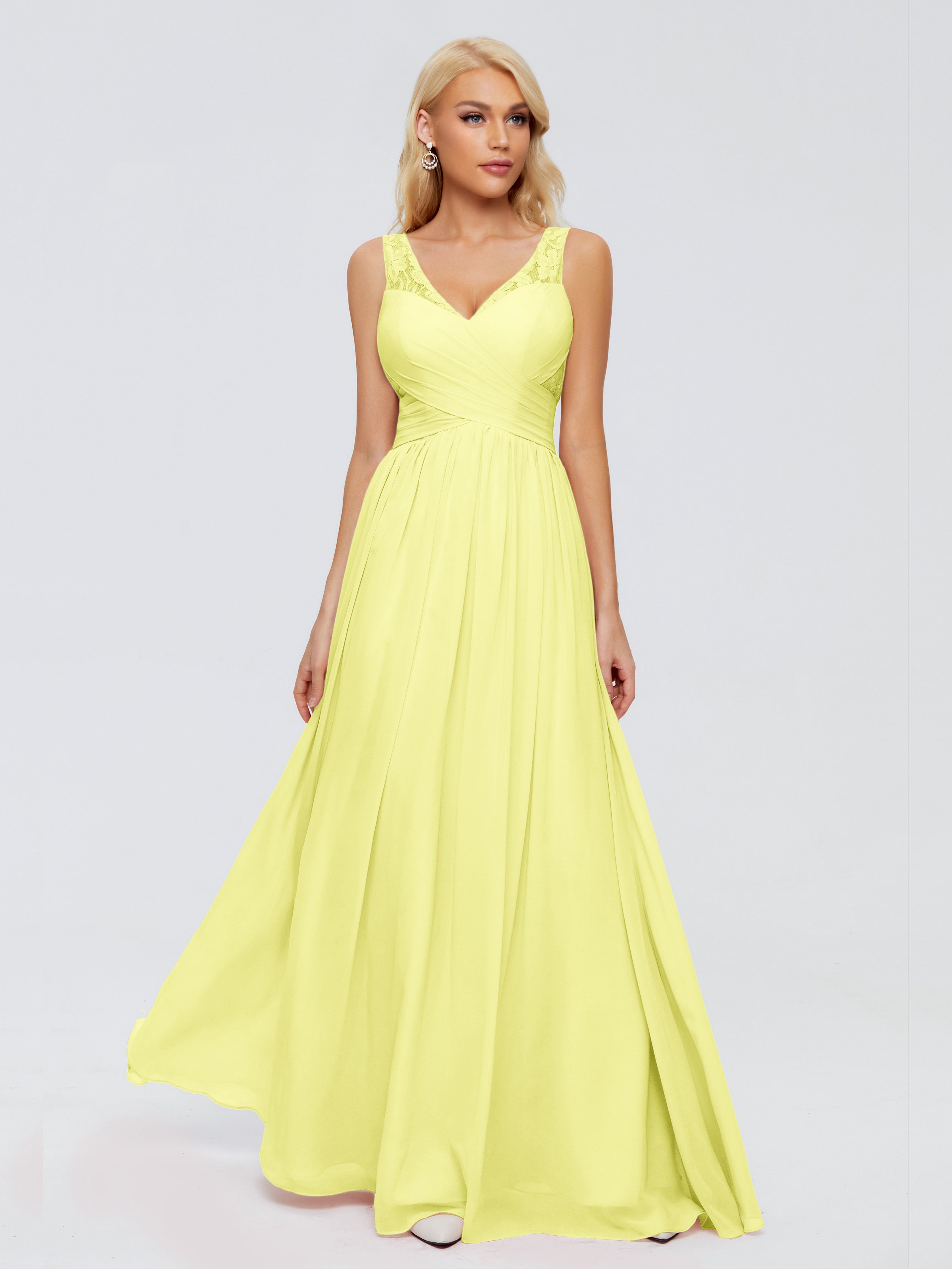 Robes De Demoiselle D'Honneur Jonquille Trapèze Bretelle Dentelle Mousseline Robes Demoiselle D'Honneur