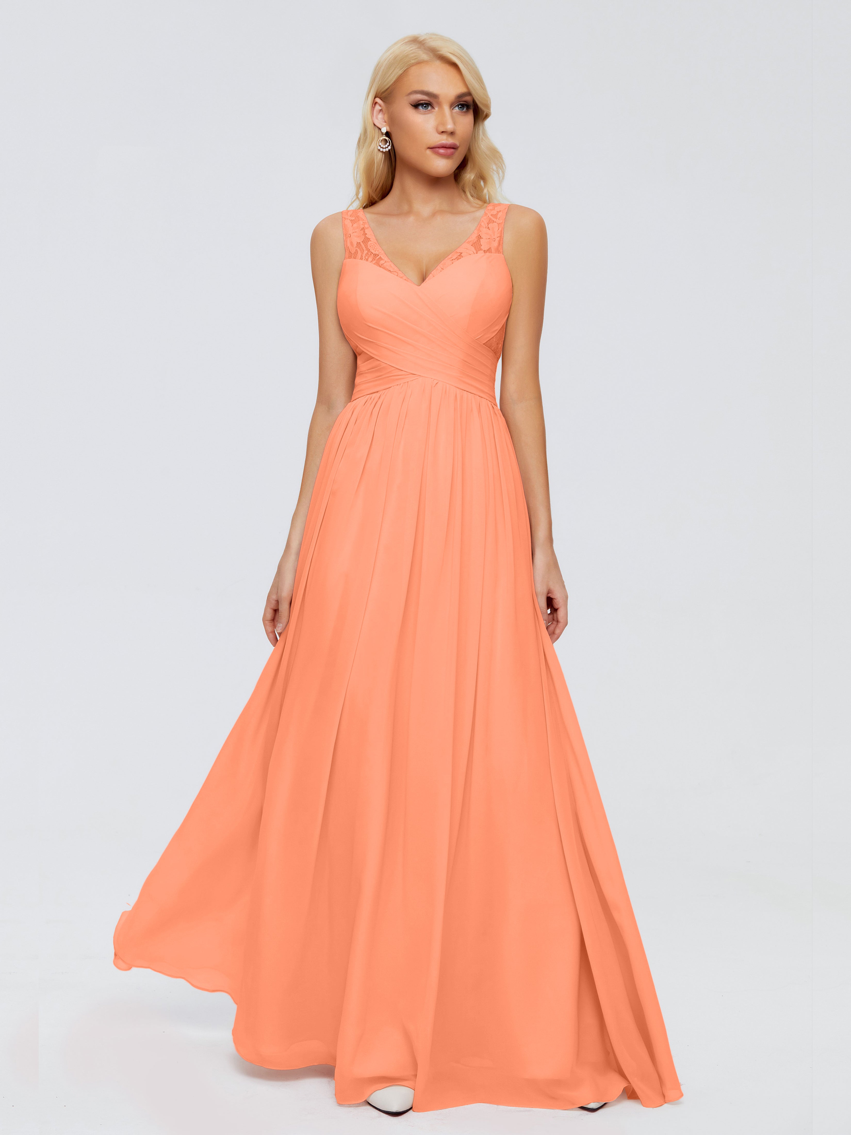 Robes De Demoiselle D'Honneur Papaye Trapèze Bretelle Dentelle Mousseline Robes Demoiselle D'Honneur