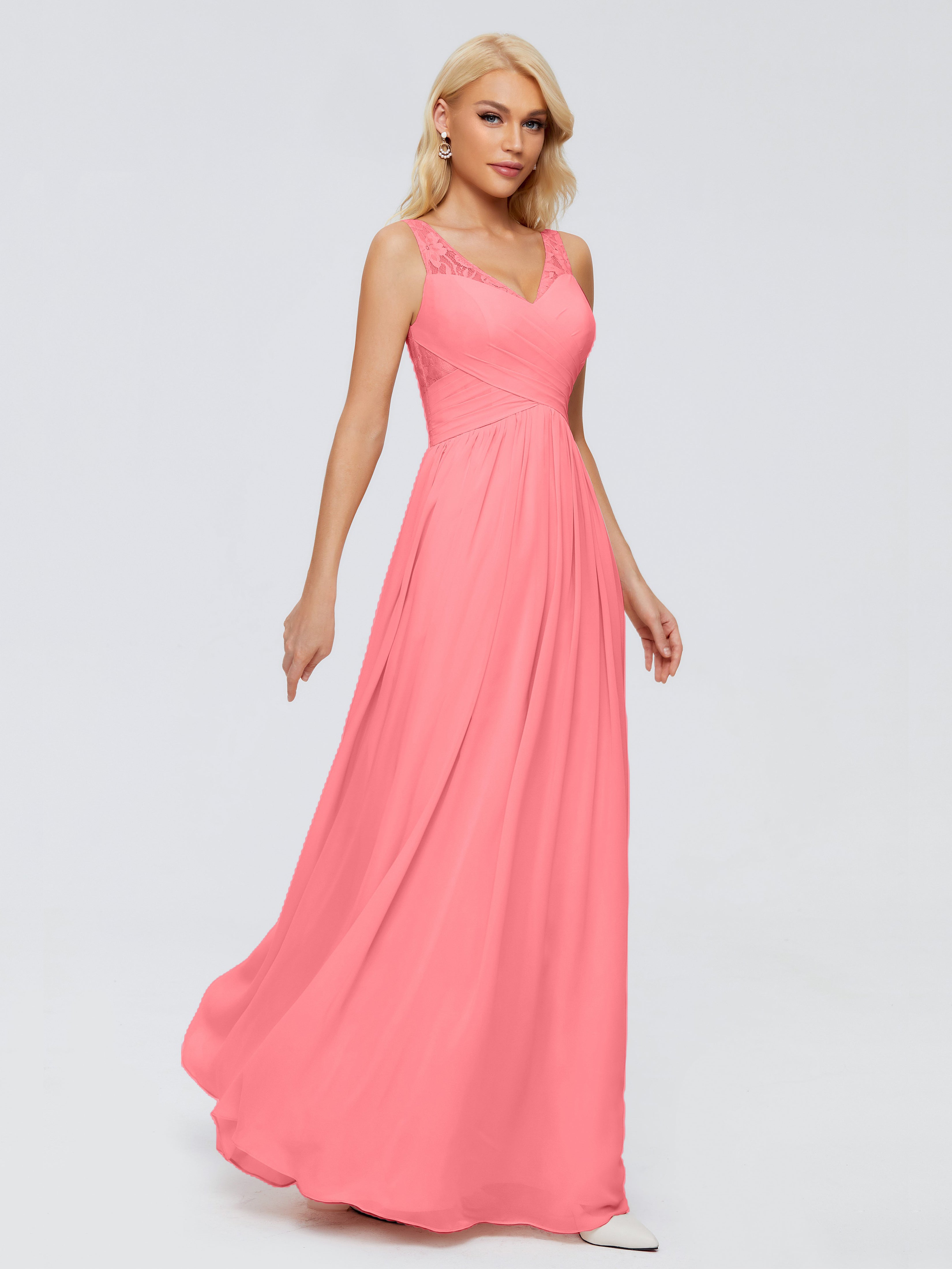 Robes De Demoiselle D'Honneur Pastèque Trapèze Bretelle Dentelle Mousseline Robes Demoiselle D'Honneur