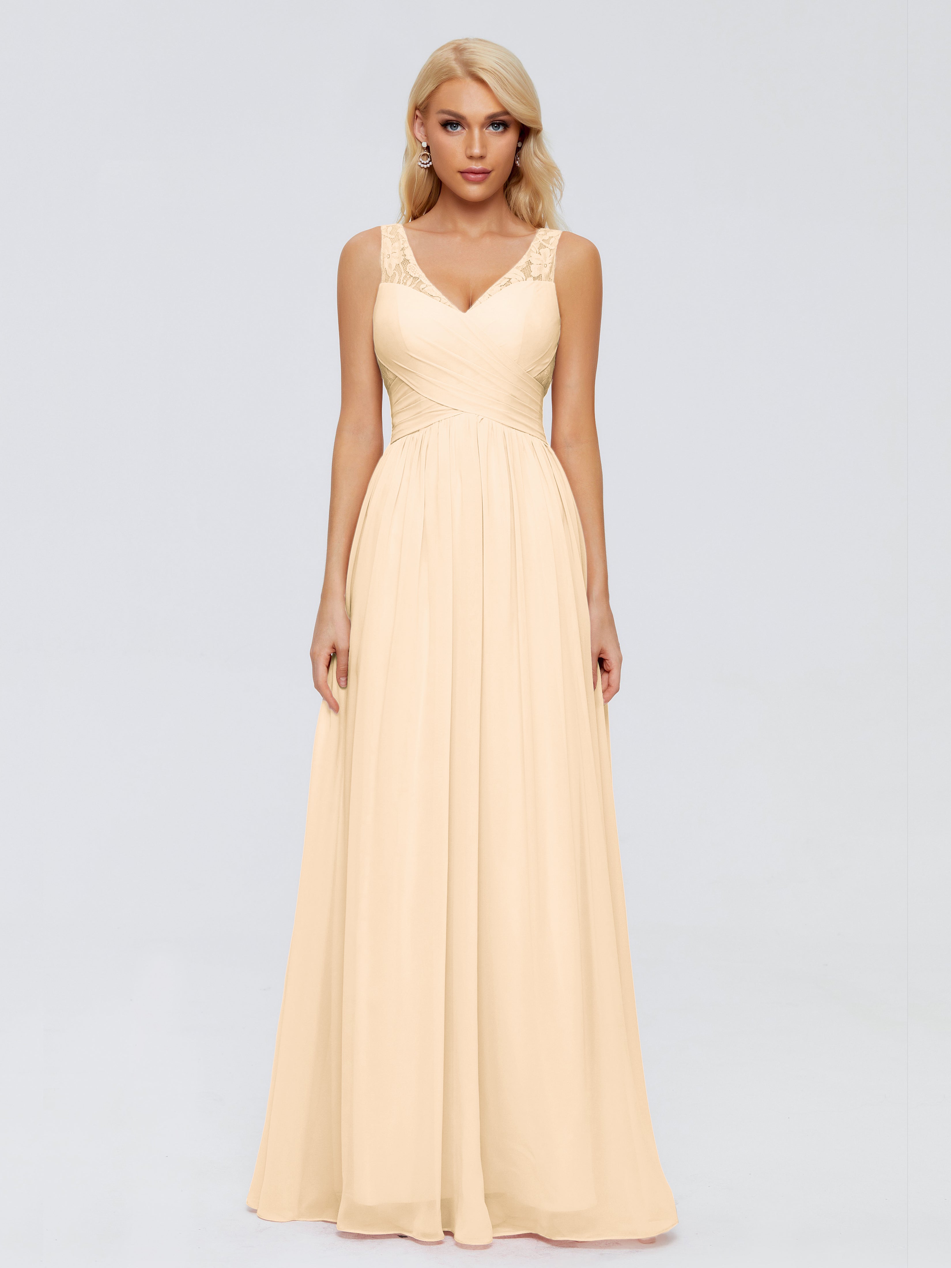 Robes De Demoiselle D'Honneur Rose Pêche Trapèze Bretelle Dentelle Mousseline Robes Demoiselle D'Honneur