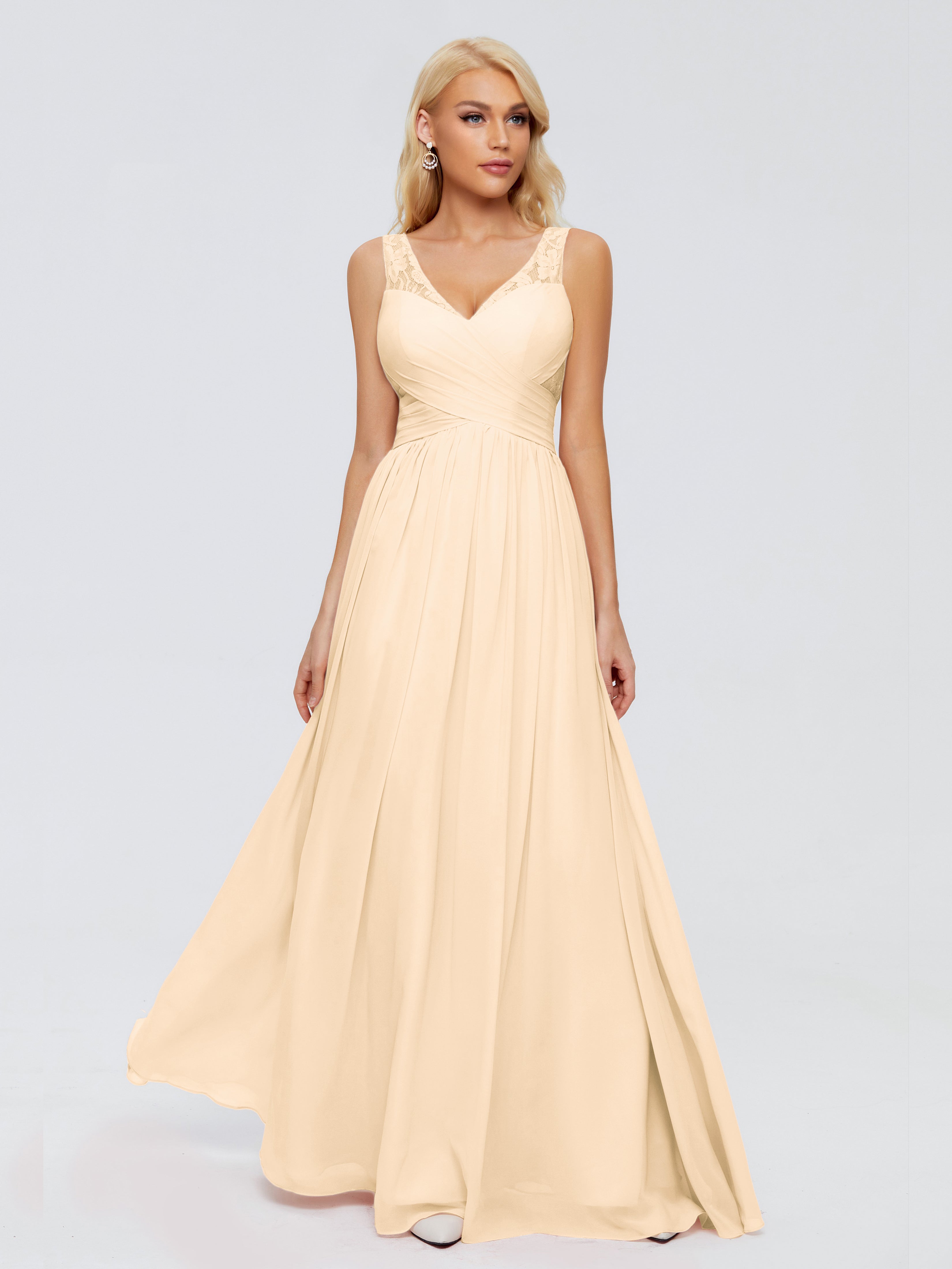 Robes De Demoiselle D'Honneur Rose Pêche Trapèze Bretelle Dentelle Mousseline Robes Demoiselle D'Honneur