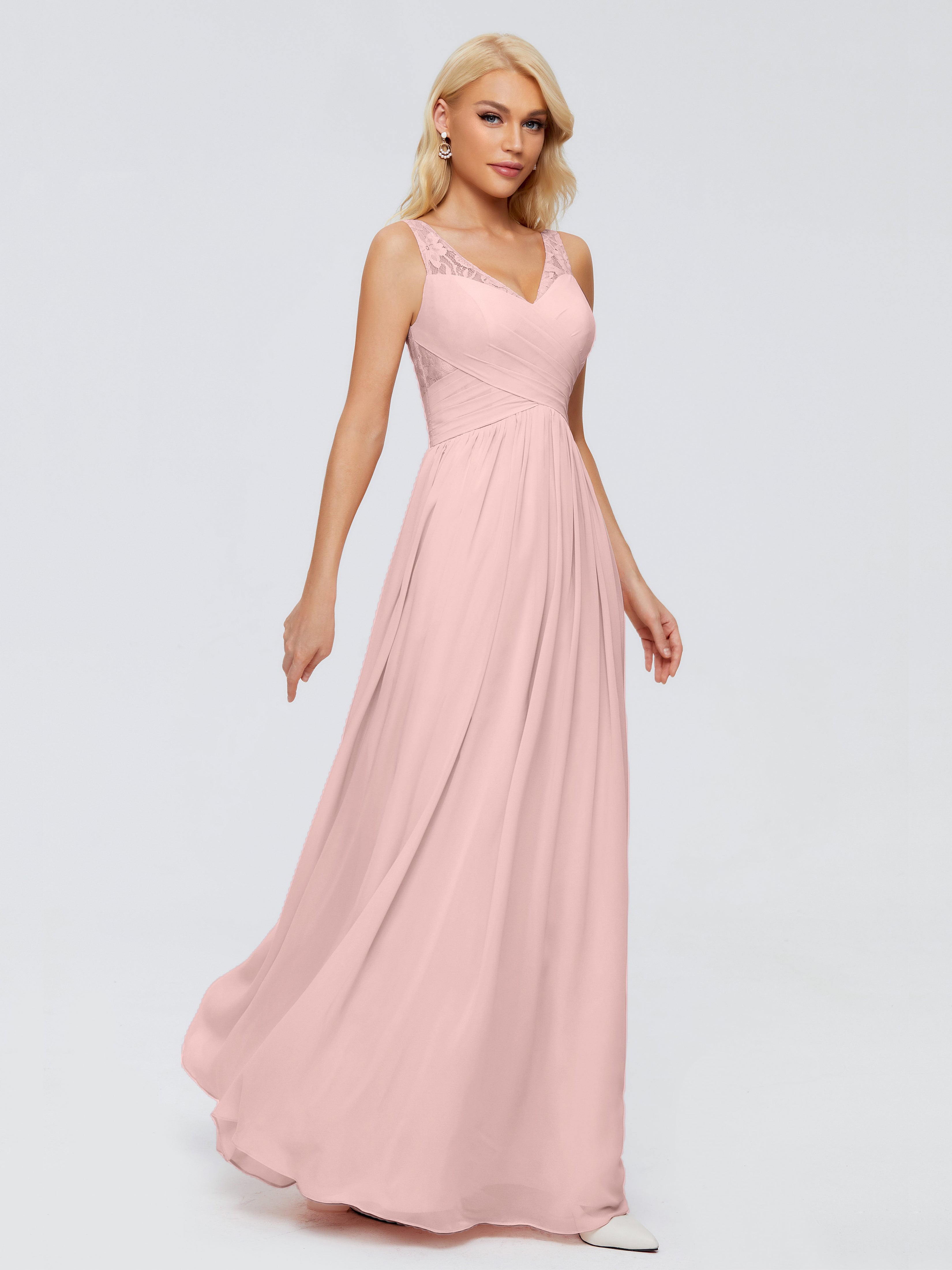 Longues Robes De Demoiselle D'Honneur De Rose Poudrée Trapèze Bretelle Dentelle Mousseline Robes Demoiselle D'Honneur