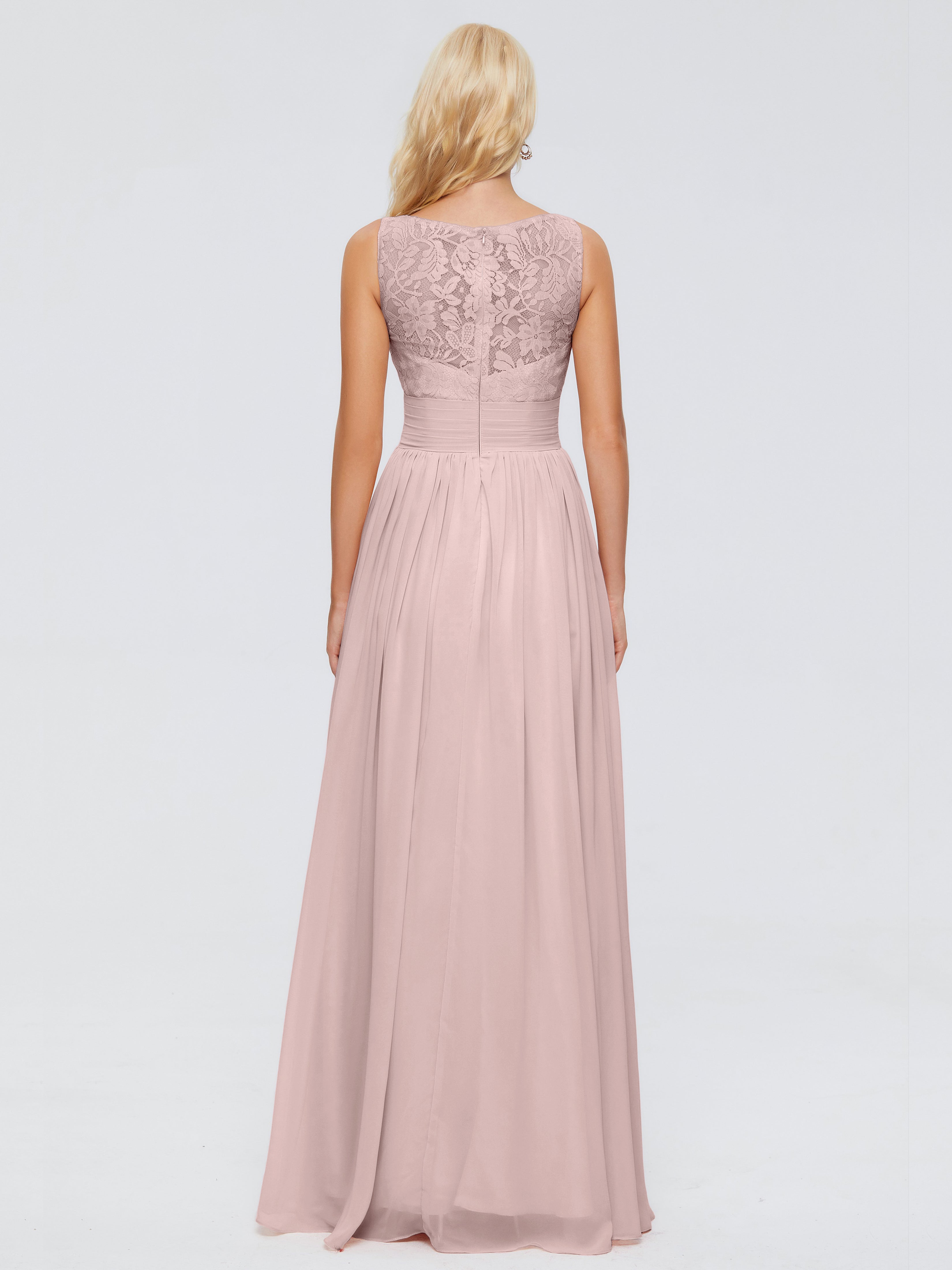 Longues Robes De Demoiselle D'Honneur De Rose Poudrée Trapèze Bretelle Dentelle Mousseline Robes Demoiselle D'Honneur