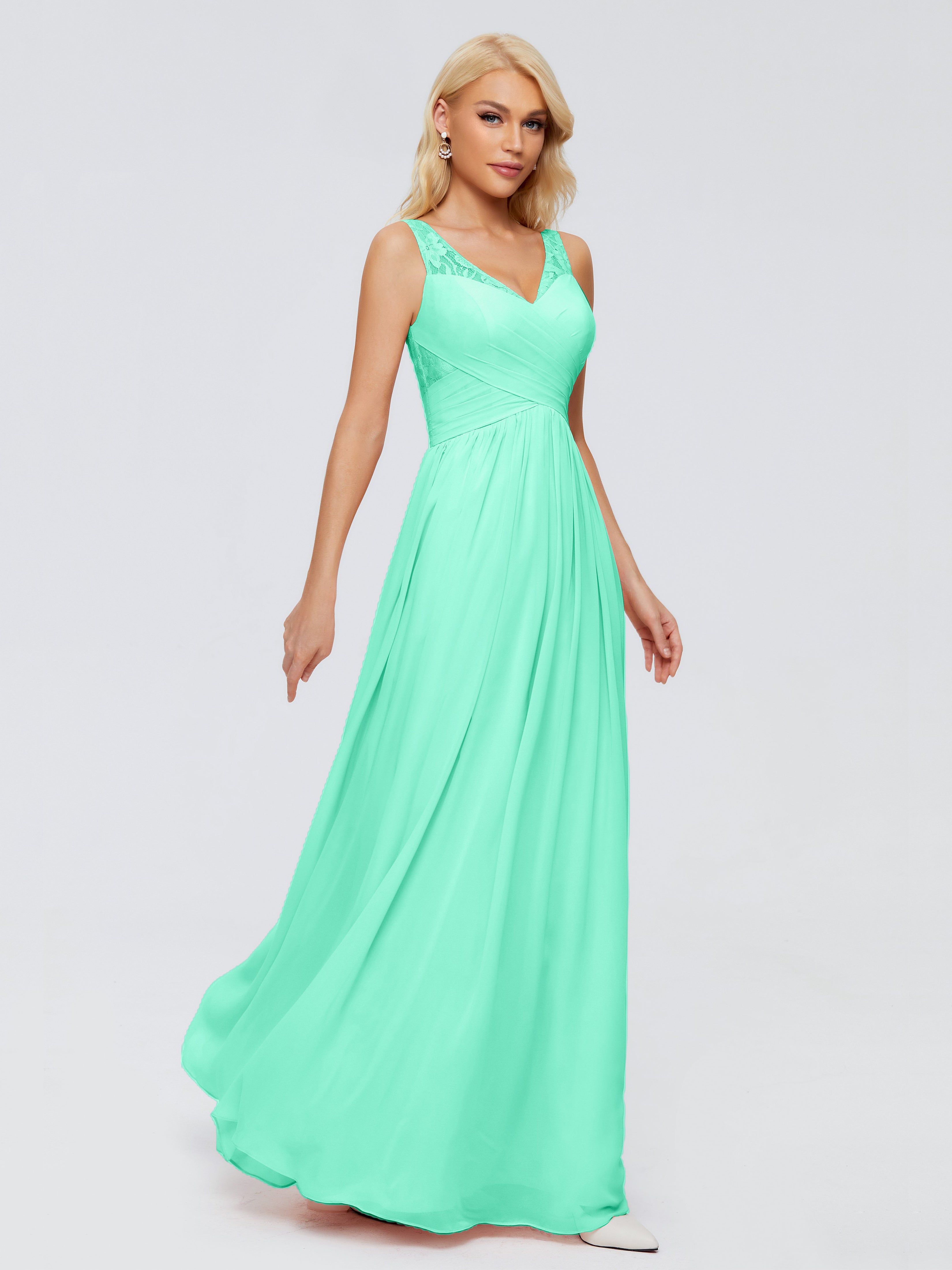 Robe Demoiselle D Honneur Bleu Turquoise Trapèze Bretelle Dentelle Mousseline Robes Demoiselle D'Honneur