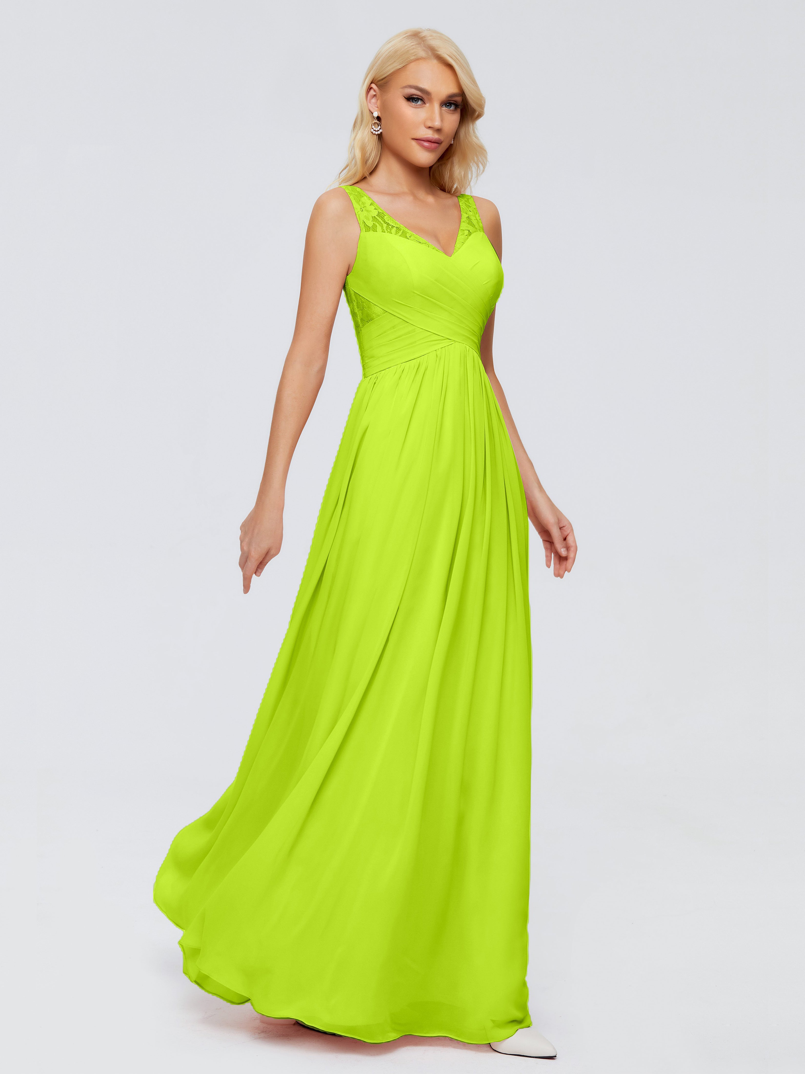 Robes De Demoiselle D'Honneur Vert Citron Trapèze Bretelle Dentelle Mousseline Robes Demoiselle D'Honneur