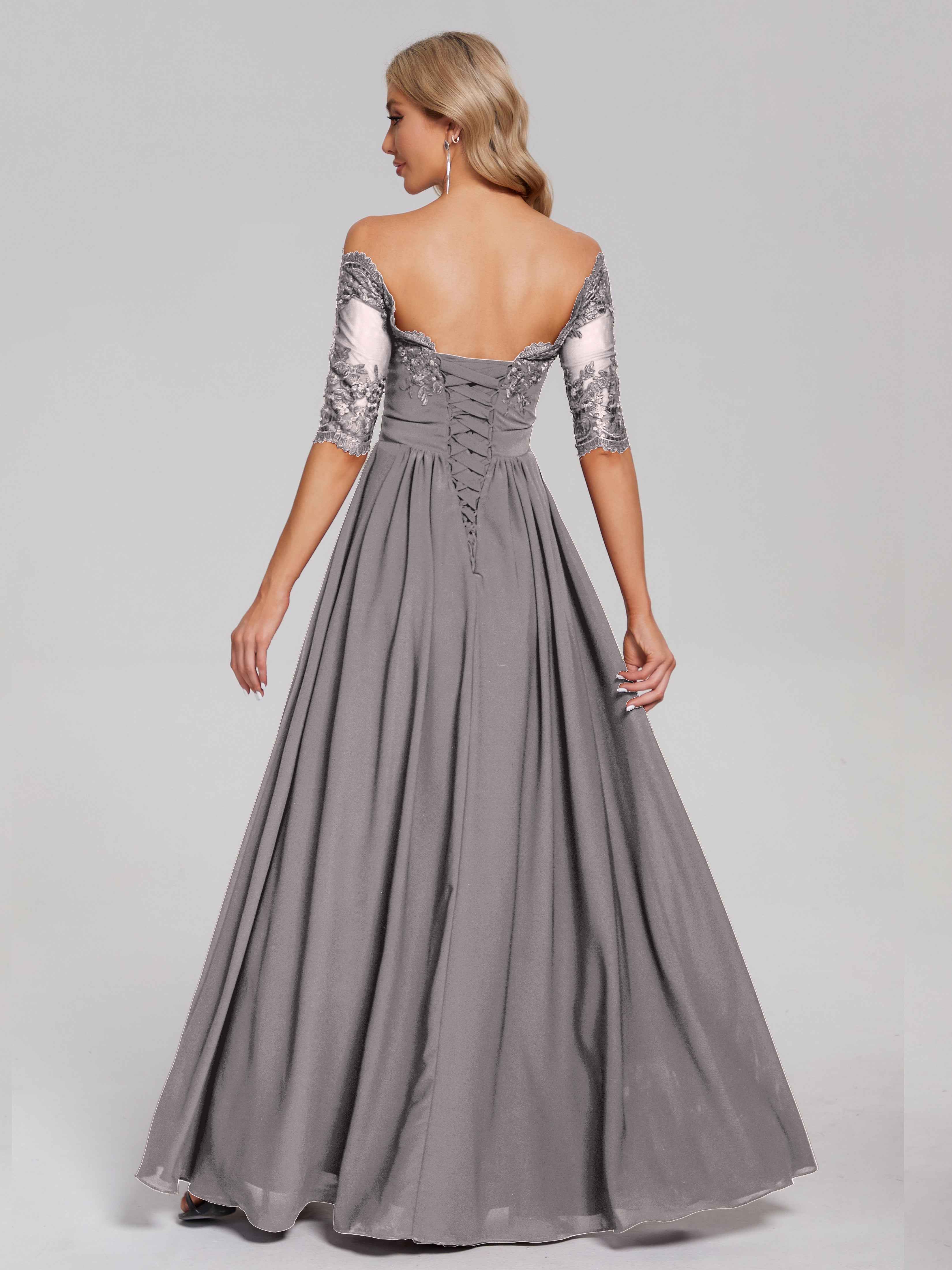 Robe Demoiselle D Honneur Argent Hors-La-Épaule Demi Manches Dentelle/Mousseline Robes Demoiselle D'Honneur