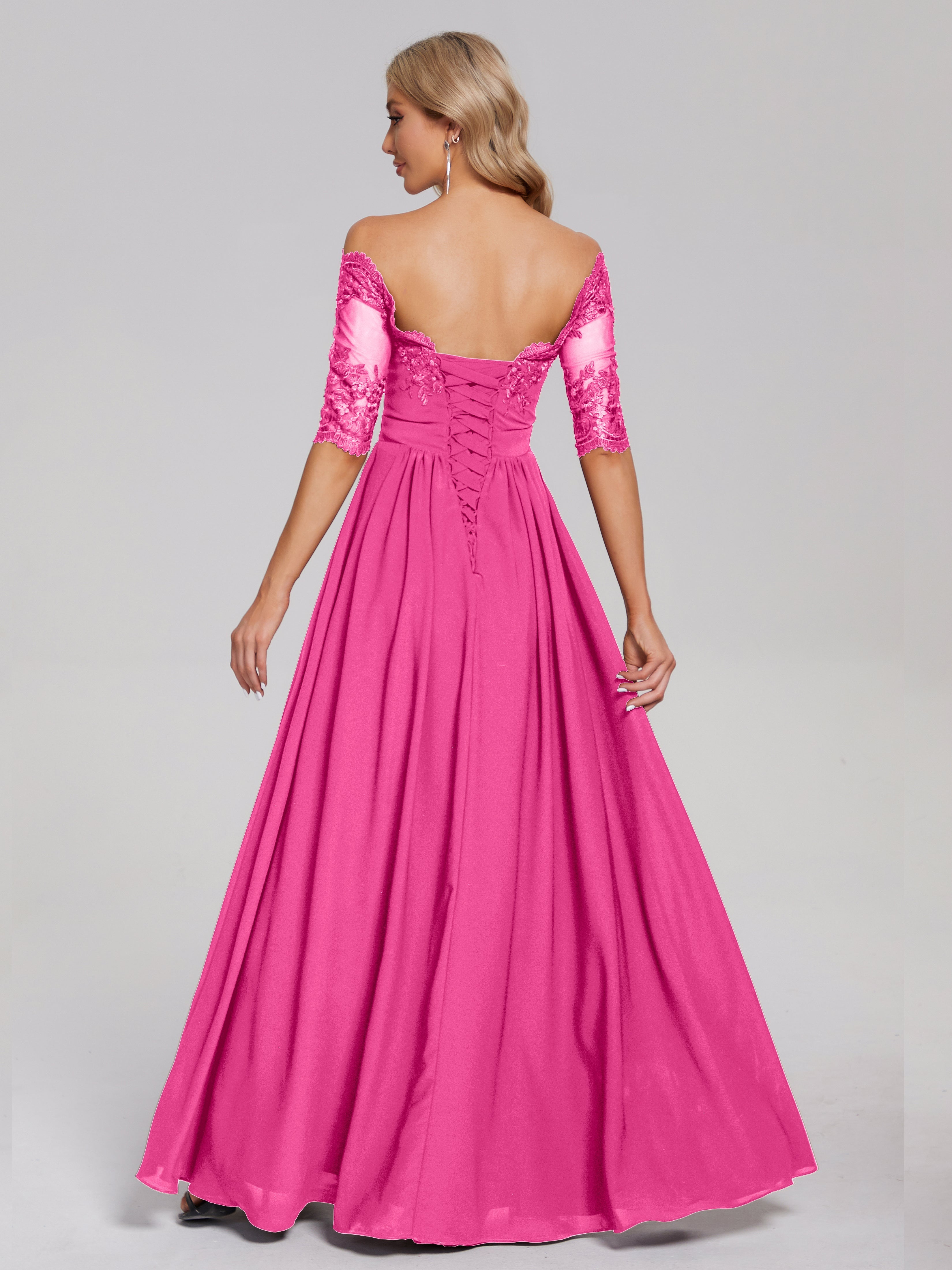 Robe Demoiselle D Honneur Azalée Hors-La-Épaule Demi Manches Dentelle/Mousseline Robes Demoiselle D'Honneur