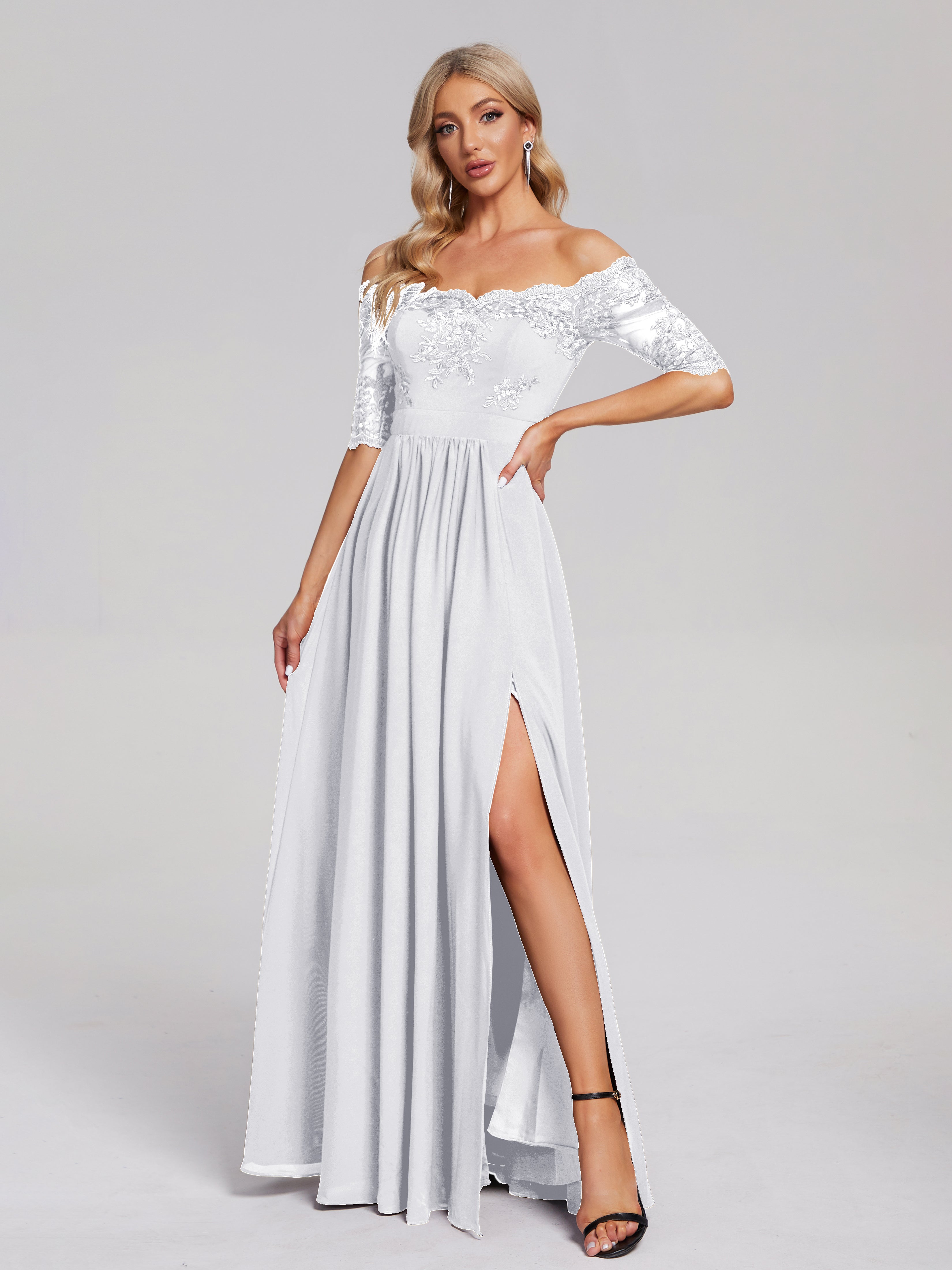 Toutes Les Robes De Demoiselle D'Honneur Blanches Hors-La-Épaule Demi Manches Dentelle/Mousseline Robes Demoiselle D'Honneur
