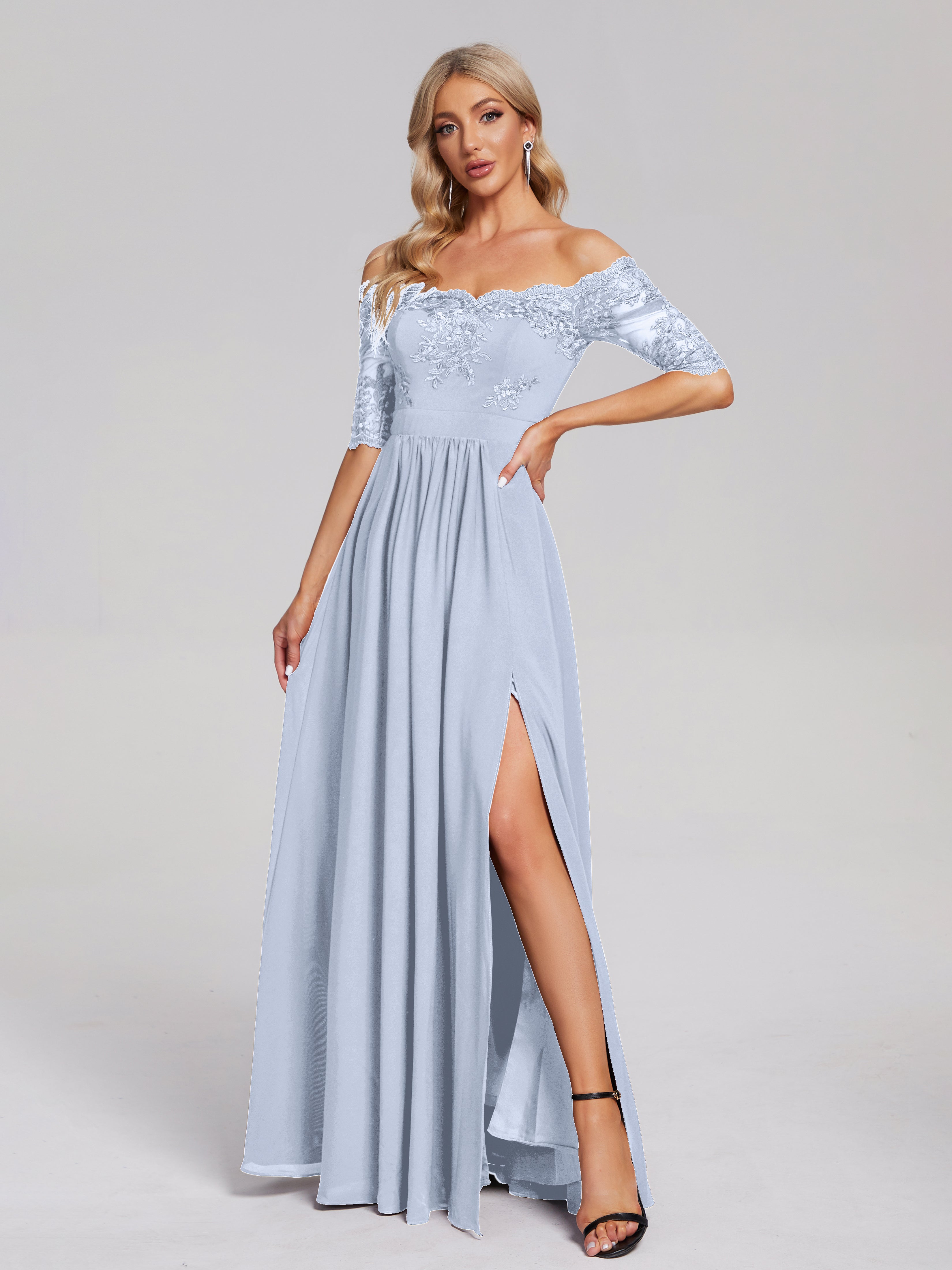 Robe Longue Bleu Ciel Demoiselle D Honneur Hors-La-Épaule Demi Manches Dentelle/Mousseline Robes Demoiselle D'Honneur