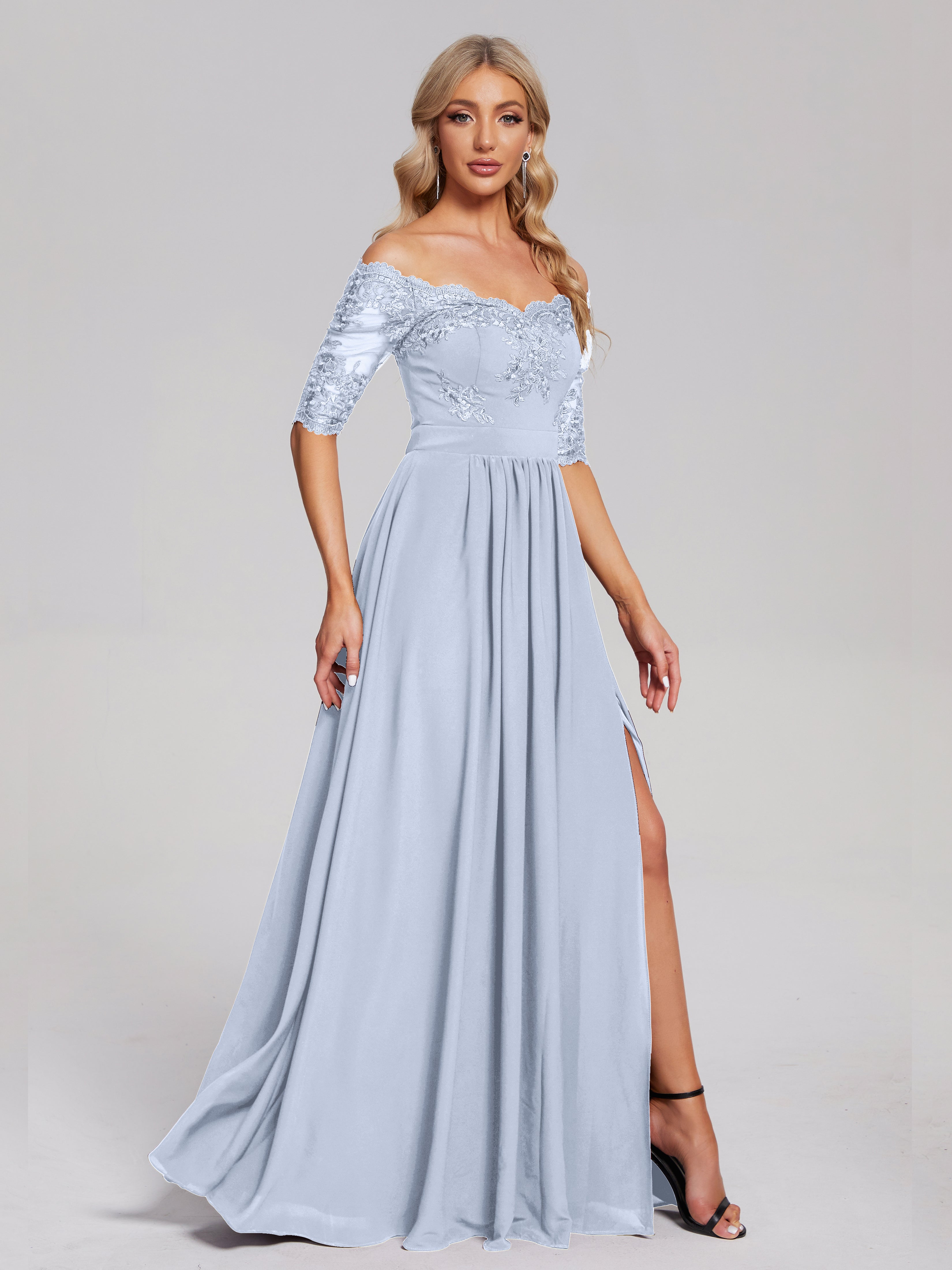 Robe Longue Bleu Ciel Demoiselle D Honneur Hors-La-Épaule Demi Manches Dentelle/Mousseline Robes Demoiselle D'Honneur