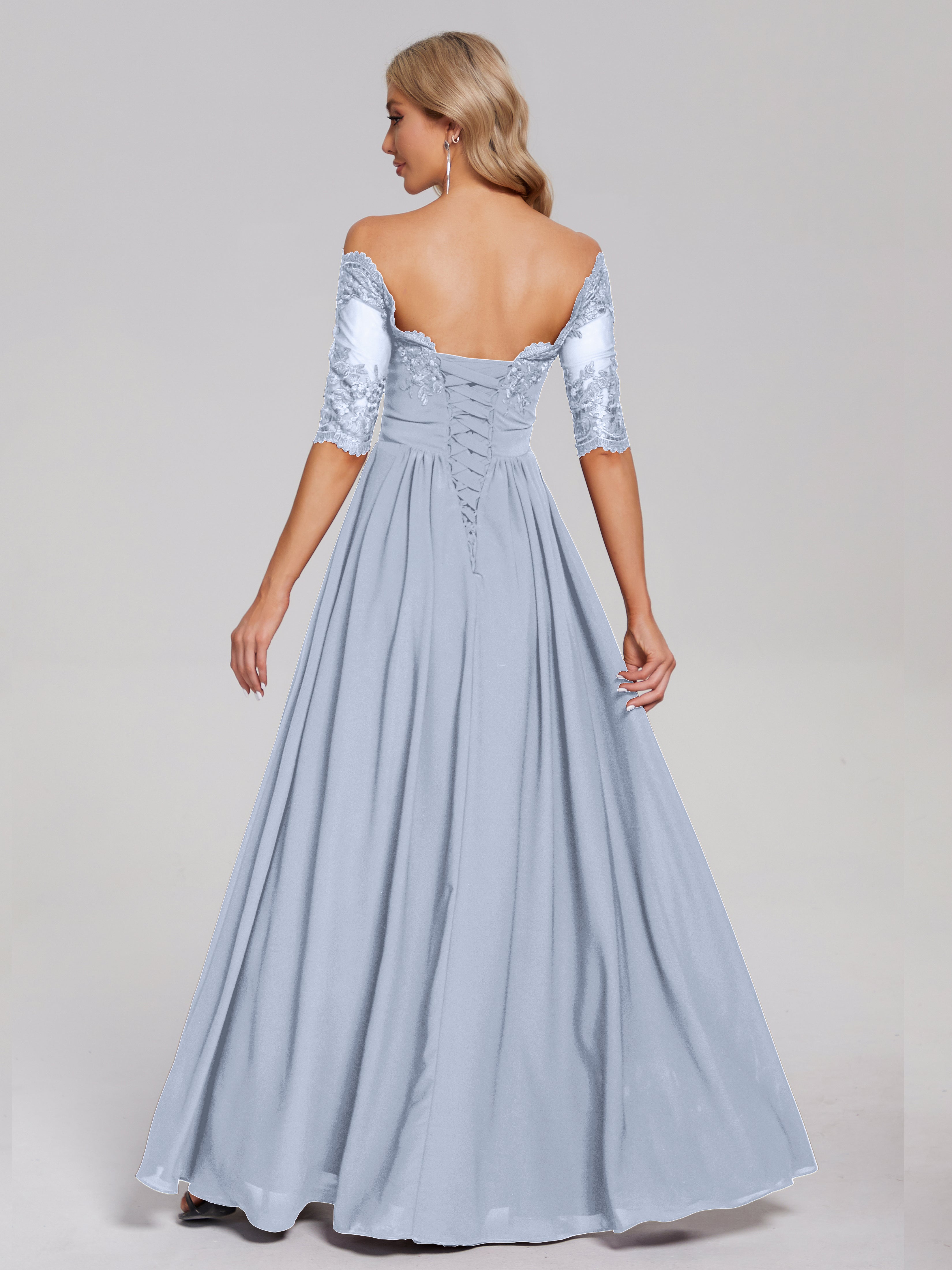 Robe Longue Bleu Ciel Demoiselle D Honneur Hors-La-Épaule Demi Manches Dentelle/Mousseline Robes Demoiselle D'Honneur