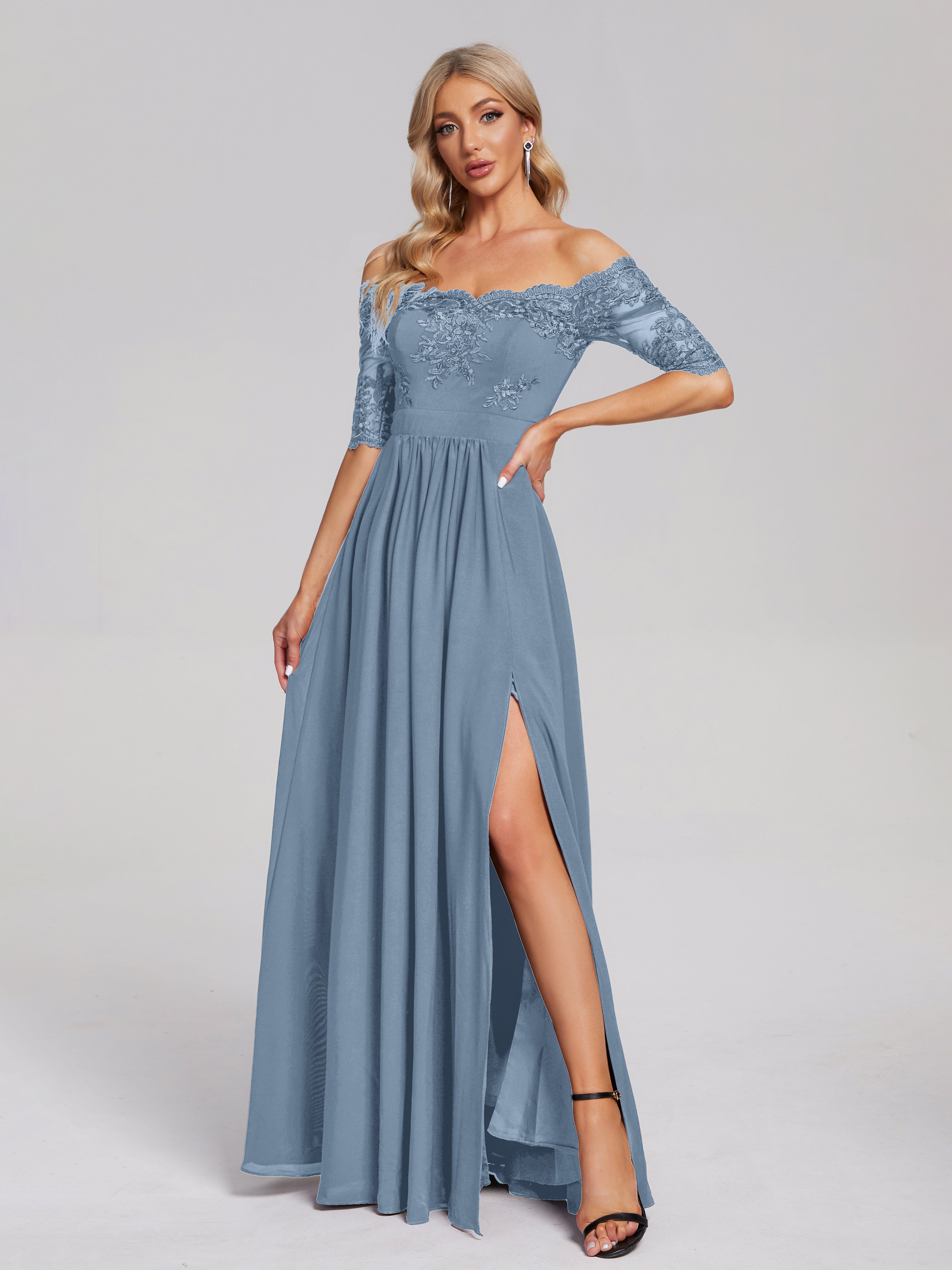 Robes De Demoiselle D'Honneur Bleu De Schiste Hors-La-Épaule Demi Manches Dentelle/Mousseline Robes Demoiselle D'Honneur