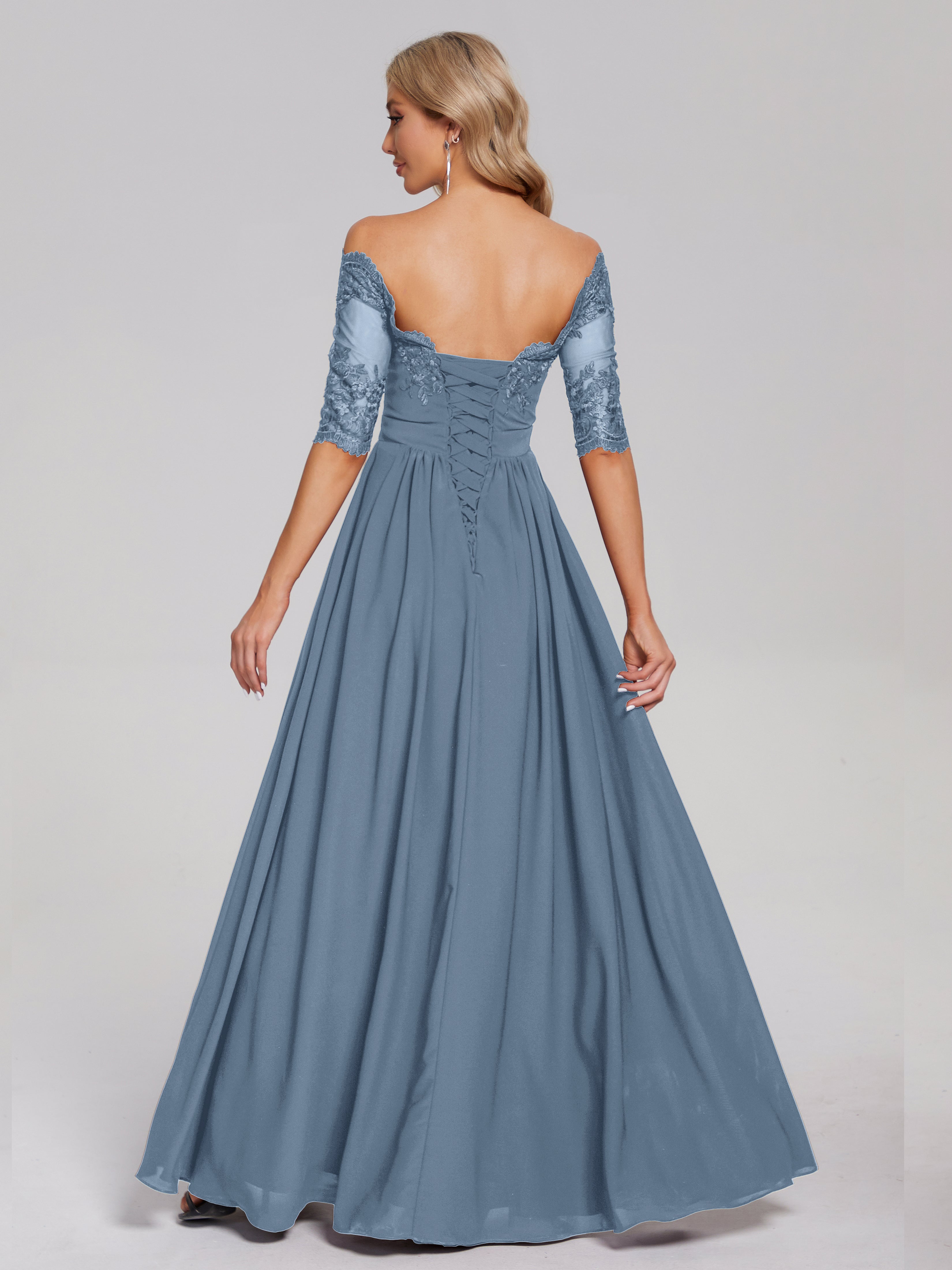 Robes De Demoiselle D'Honneur Bleu De Schiste Hors-La-Épaule Demi Manches Dentelle/Mousseline Robes Demoiselle D'Honneur