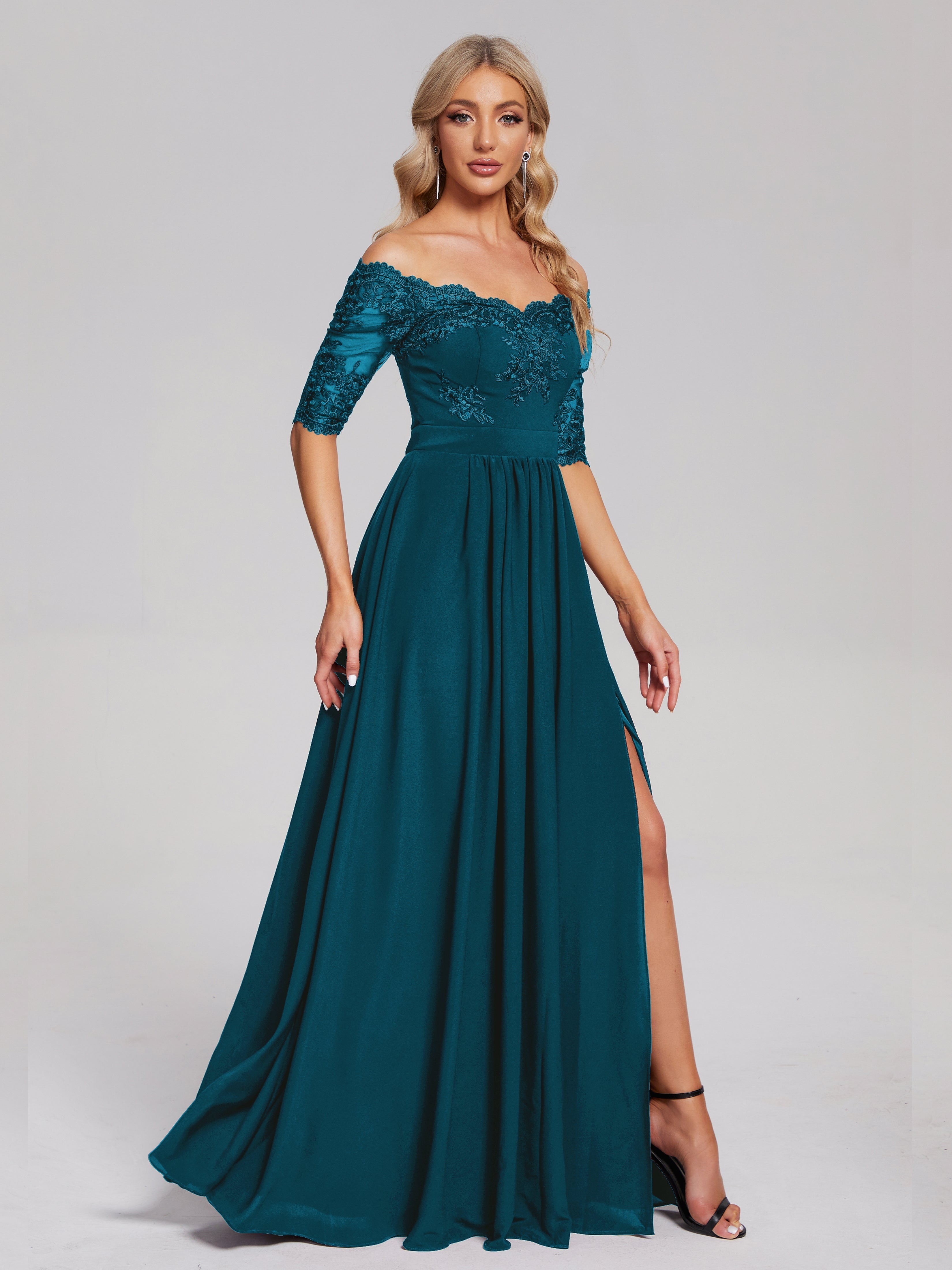 Robe De Demoiselle D'Honneur Bleu Encre Hors-La-Épaule Demi Manches Dentelle/Mousseline Robes Demoiselle D'Honneur