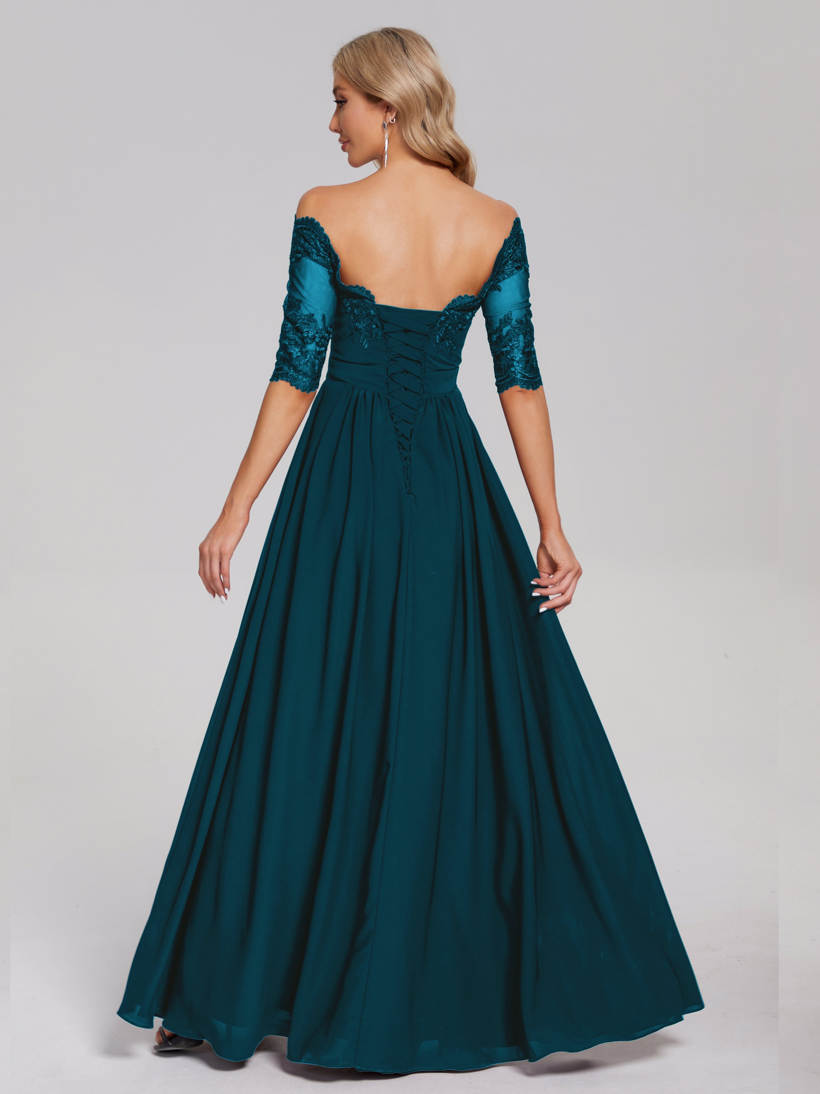Robe De Demoiselle D'Honneur Bleu Encre Hors-La-Épaule Demi Manches Dentelle/Mousseline Robes Demoiselle D'Honneur